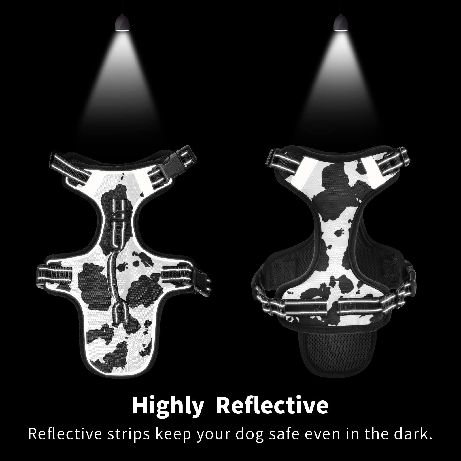 Black and White Cow Print Reflective Adjustable No-Pull Pet Harness with Leash Clips & Easy Control Handle - Anti-Slip Dog/Cat Vest for Walking, Running & Outdoor Adventures