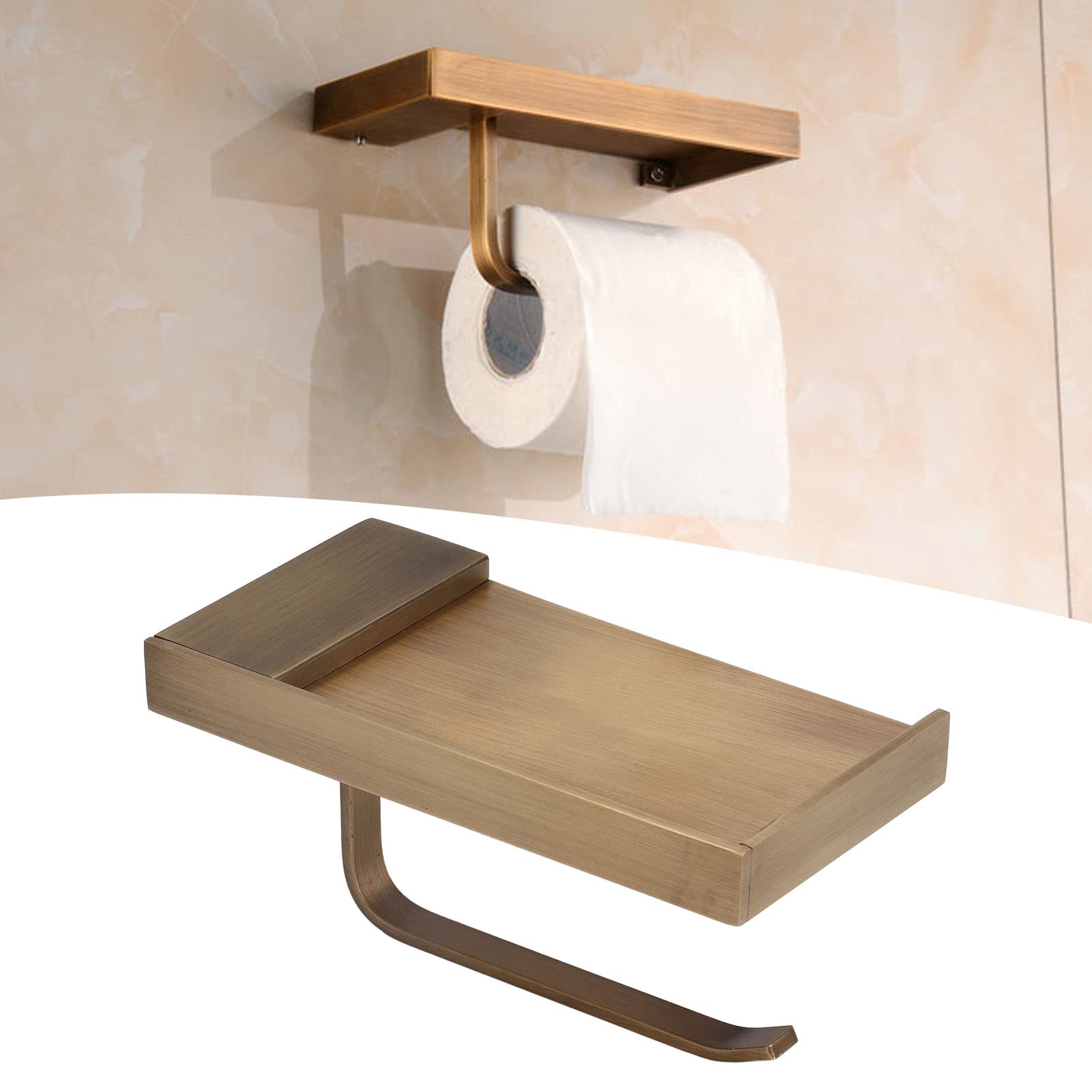 Antique Gold Copper Toilet Paper Holder Stand with Shelf - Vintage Bathroom Tissue Roll Holder & Phone Shelf for Most Paper Rolls - Perfect for Classic, Farmhouse, or Luxury Bathroom Decor