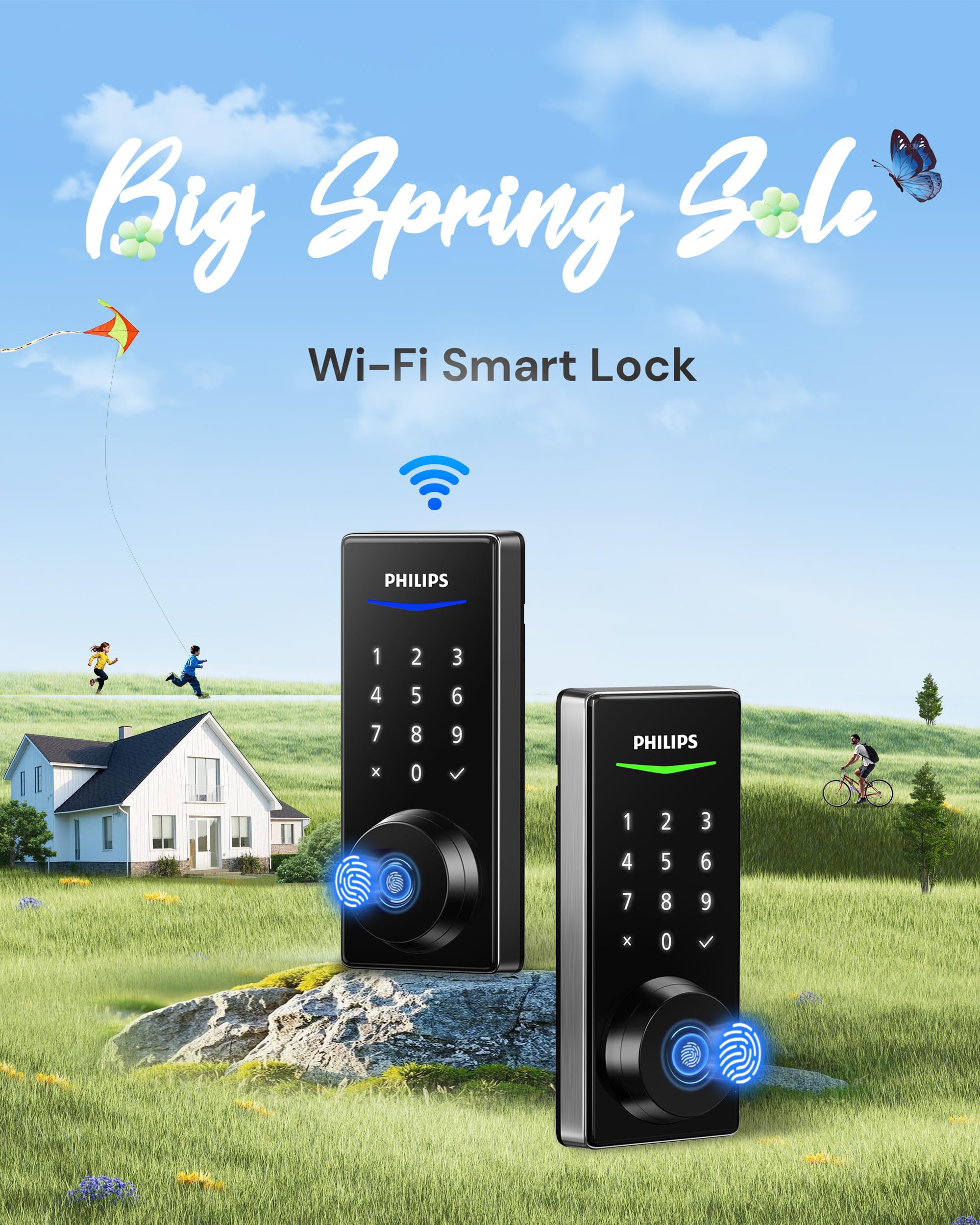 Philips Wi-Fi Smart Door Lock - Keyless Entry with App Control, Fingerprint ID, Auto Lock & Keypad Deadbolt | Includes Wi-Fi Bridge Adapter | Matte Black Smart Lock for Front Door | Perfect for Home Security & Hands-Free Access