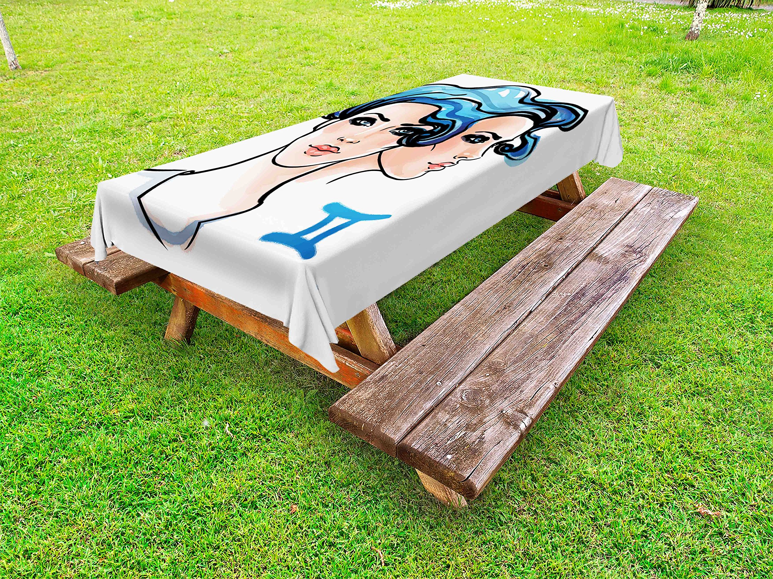 Ambesonne Zodiac Gemini Outdoor Tablecloth - Ink & Watercolor Art Air Sign Design, Washable Picnic Table Cover 58x84 Inches - Blue Peach Black - Perfect for Garden Parties, BBQs & Picnics