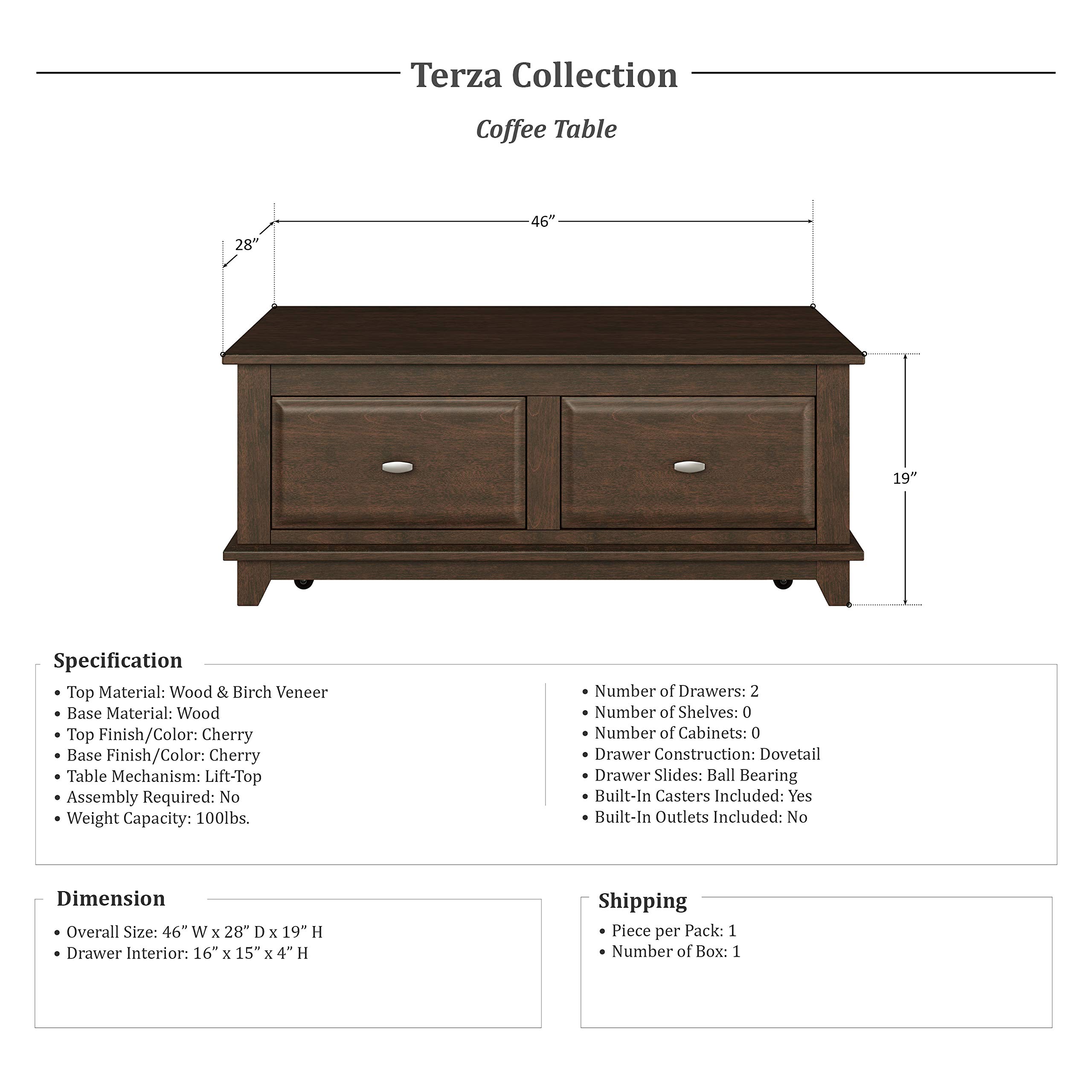 Lexicon Terza Lift-Top Coffee Table - Brown Cherry Finish, Modern Lift-Top Design with Storage Space for Living Room, Office, or Small Spaces