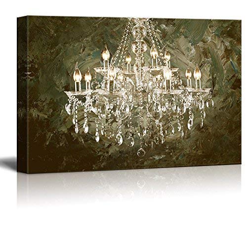 Brown Crystal Chandelier Canvas Print - Modern Digital Art Wall Decor with Green Paint Strokes for Living Room, Bedroom & Office - 32x48 Inch Large Wall Art - Relaxing Home Decor for Spa, Meditation Room & Luxury Interior Design