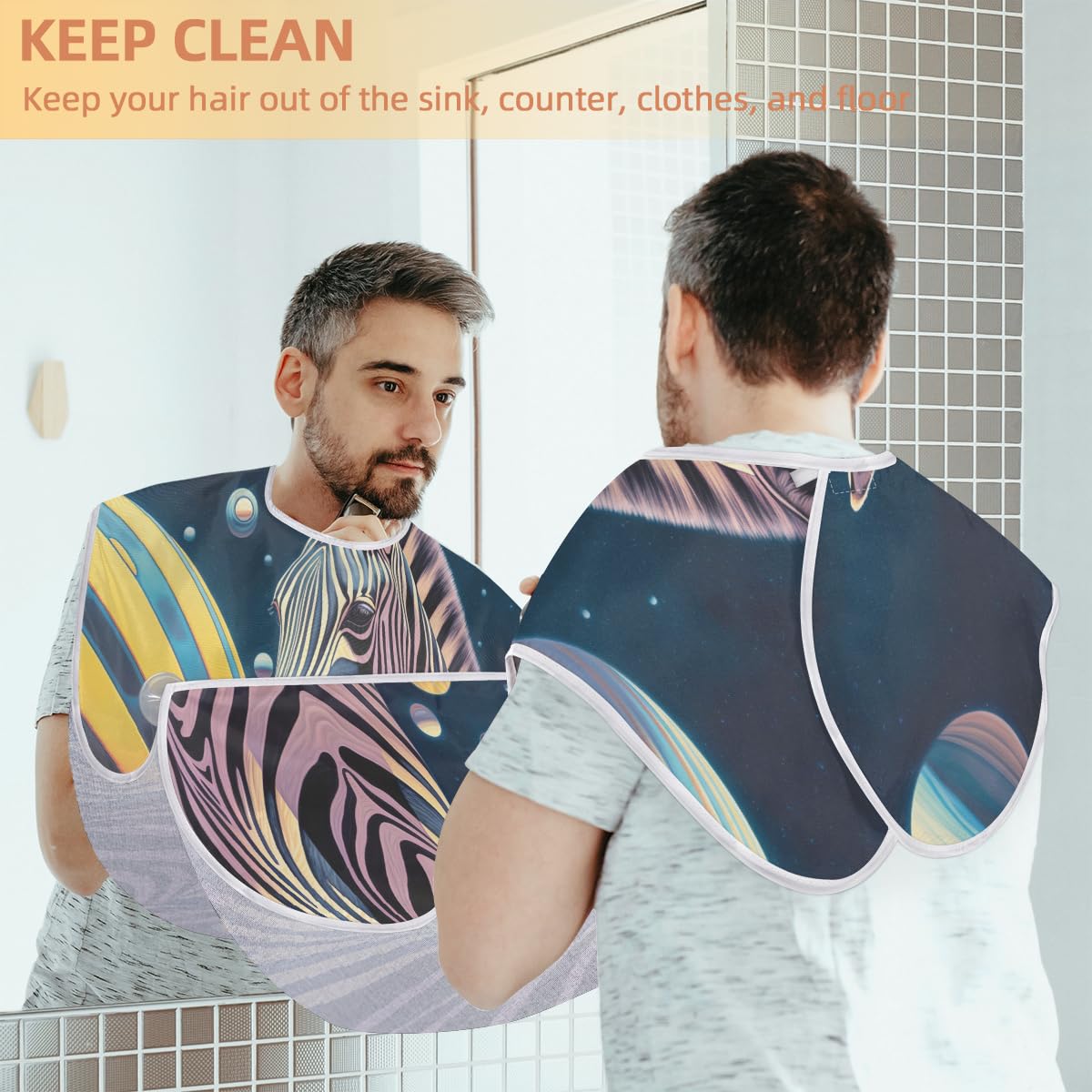 Planet Zebra Print Beard Shaving Bib for Men - Waterproof Hair Dye Apron & Barber Cape for Haircut, Beard Trimming & Makeup - Sink Hair Catcher & Grooming Accessory - Perfect for Home Salon, Barber Shops & DIY Styling