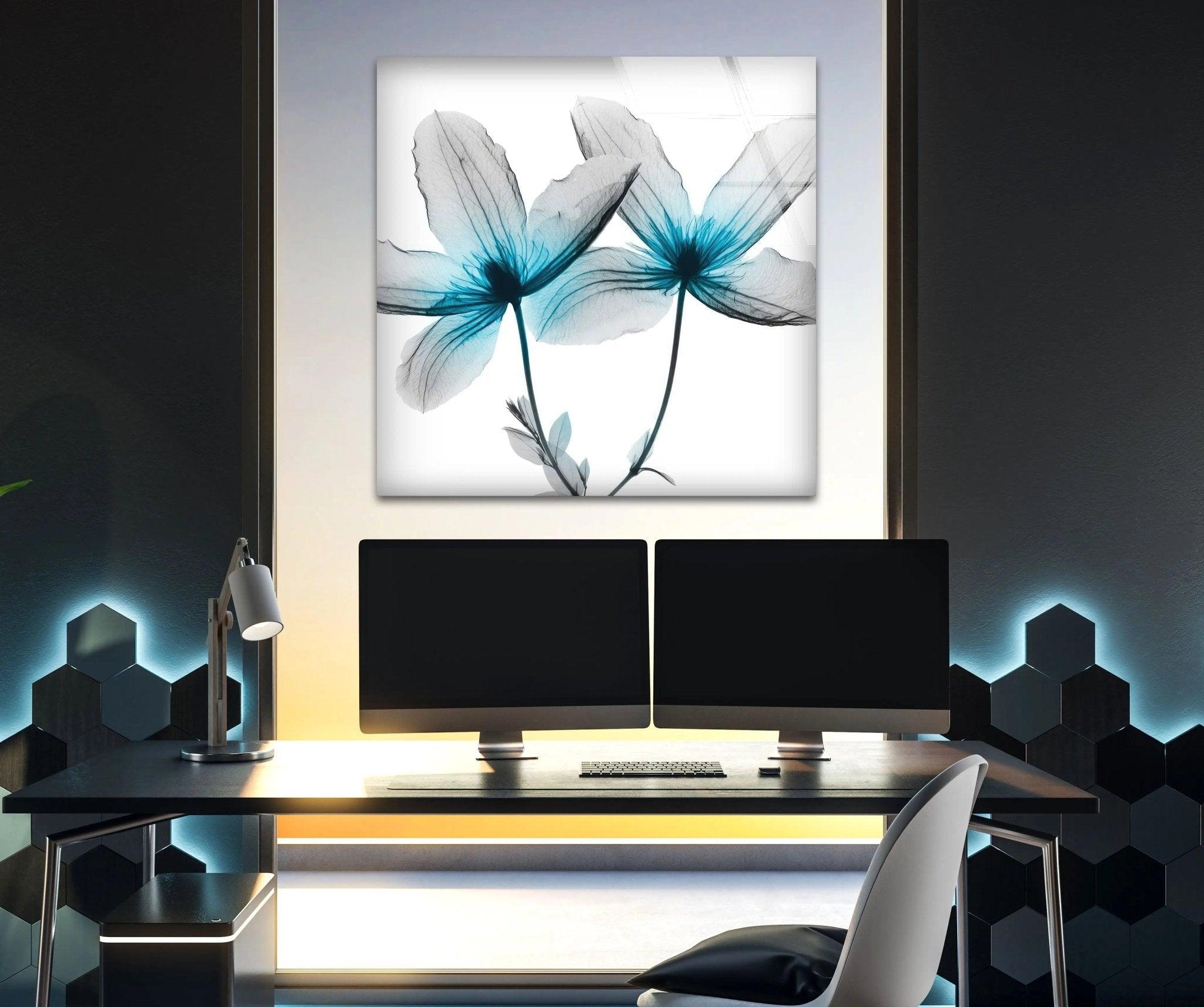 Albert Koetsier Blue X-Ray Flower Glass Wall Art - Modern Home Decor for Living Room, Bedroom & Office - Unique Handmade Glass Artwork