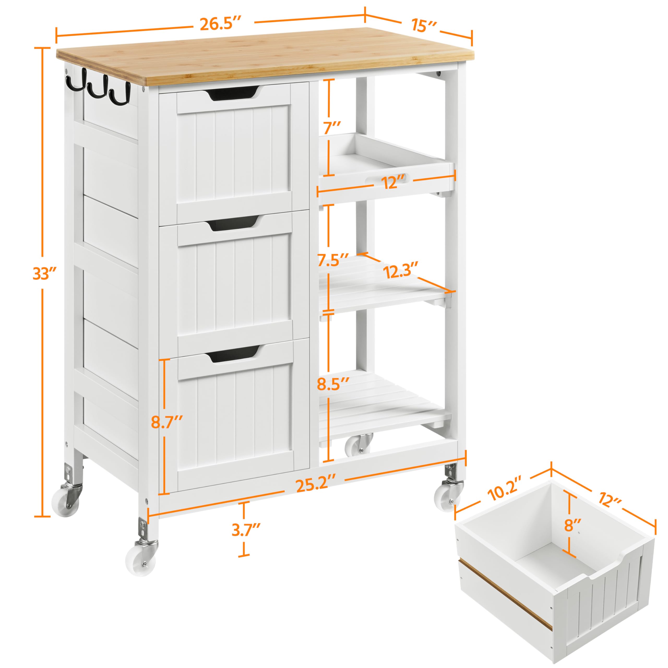 Yaheetech White Kitchen Island Cart with Bamboo Top - 3 Drawers & Shelves for Dining Room & Bar Storage