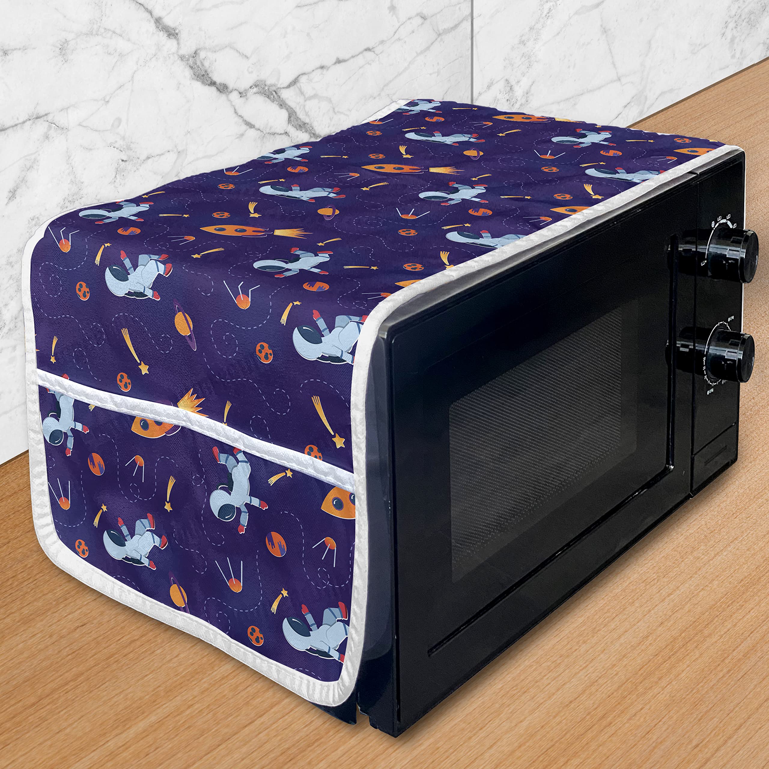 Ambesonne Galaxy Microwave Oven Cover - Cartoon Astronauts, Rockets & Planets Space Design - Waterproof Kitchen Organizer with Pockets (36