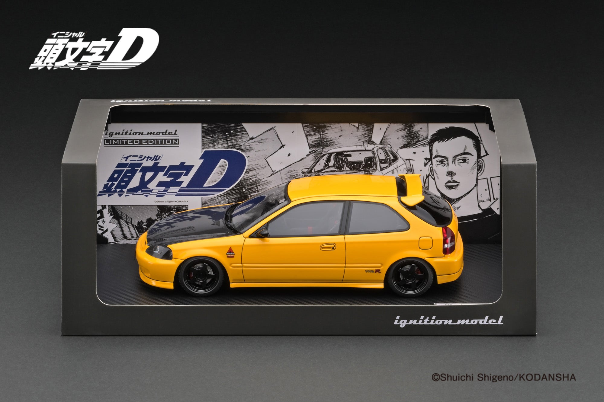 1:18 Scale Honda Civic EK9 Type R Yellow Initial D Model Car with Carbon Fiber Hood - Perfect for Collectors, Anime Fans, and Car Enthusiasts
