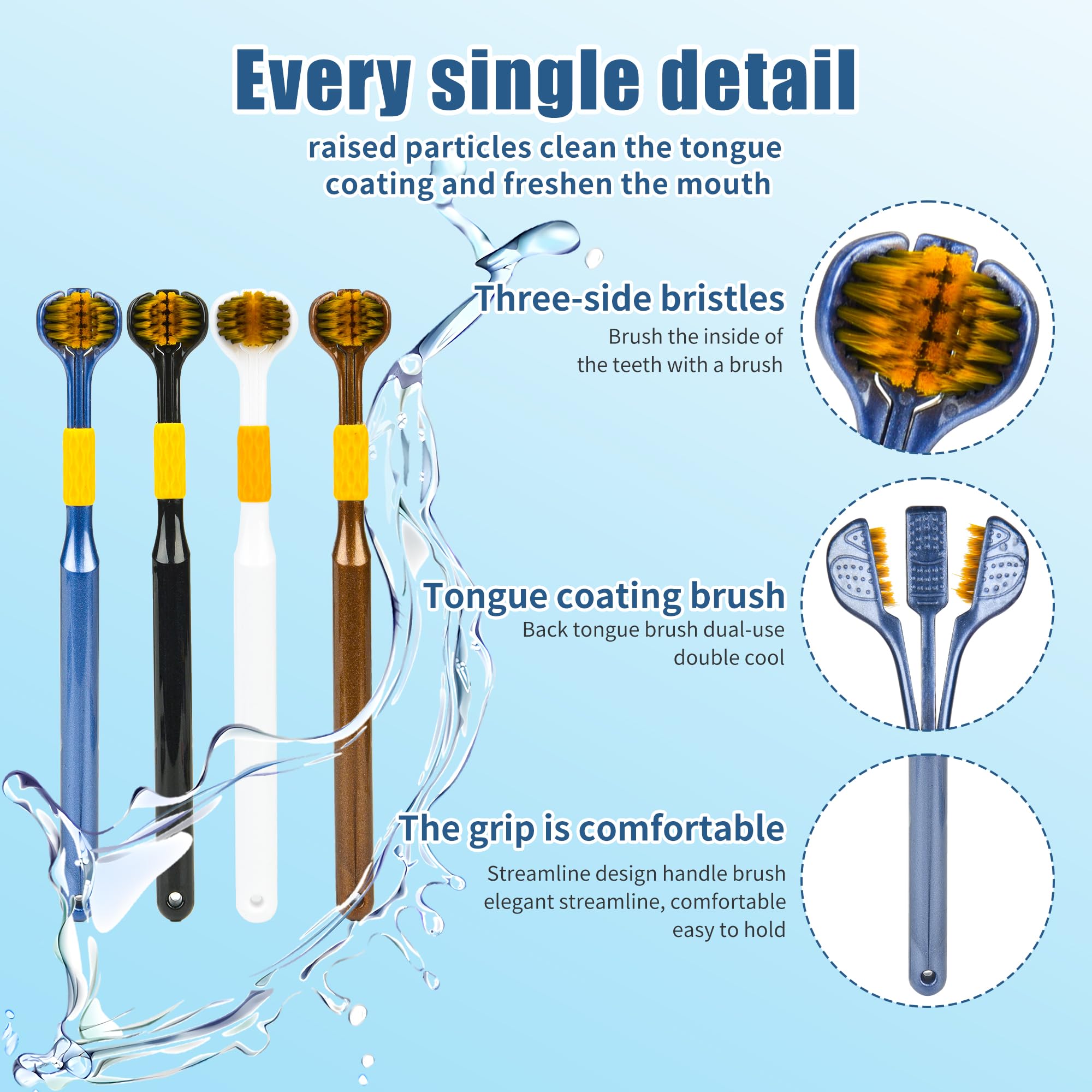 4-Piece Set of Extra Soft 3-Sided Toothbrushes for Adults - Gentle Medium Bristles for Complete Teeth & Gum Care - Perfect for Travel, Home & Office Use