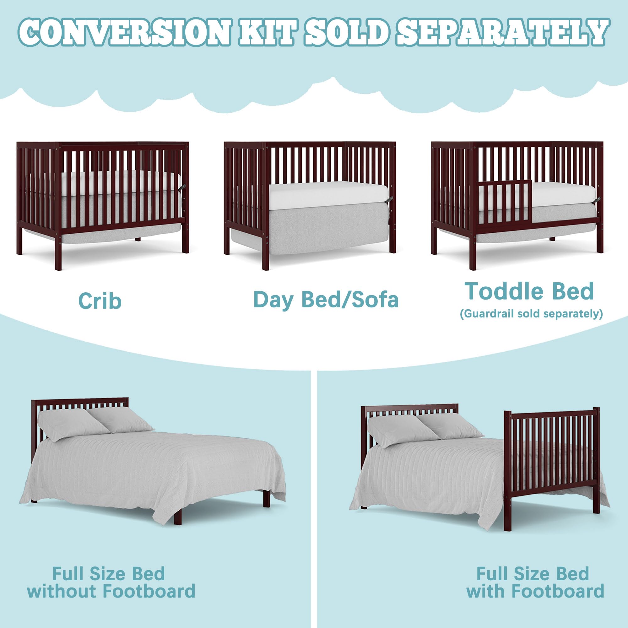 5-in-1 Convertible Baby Crib to Toddler Bed - Sustainable Natural Pinewood, Non-Toxic Finish, Full Size Nursery Furniture (Cherry) - Perfect for Small Spaces & Growing Families