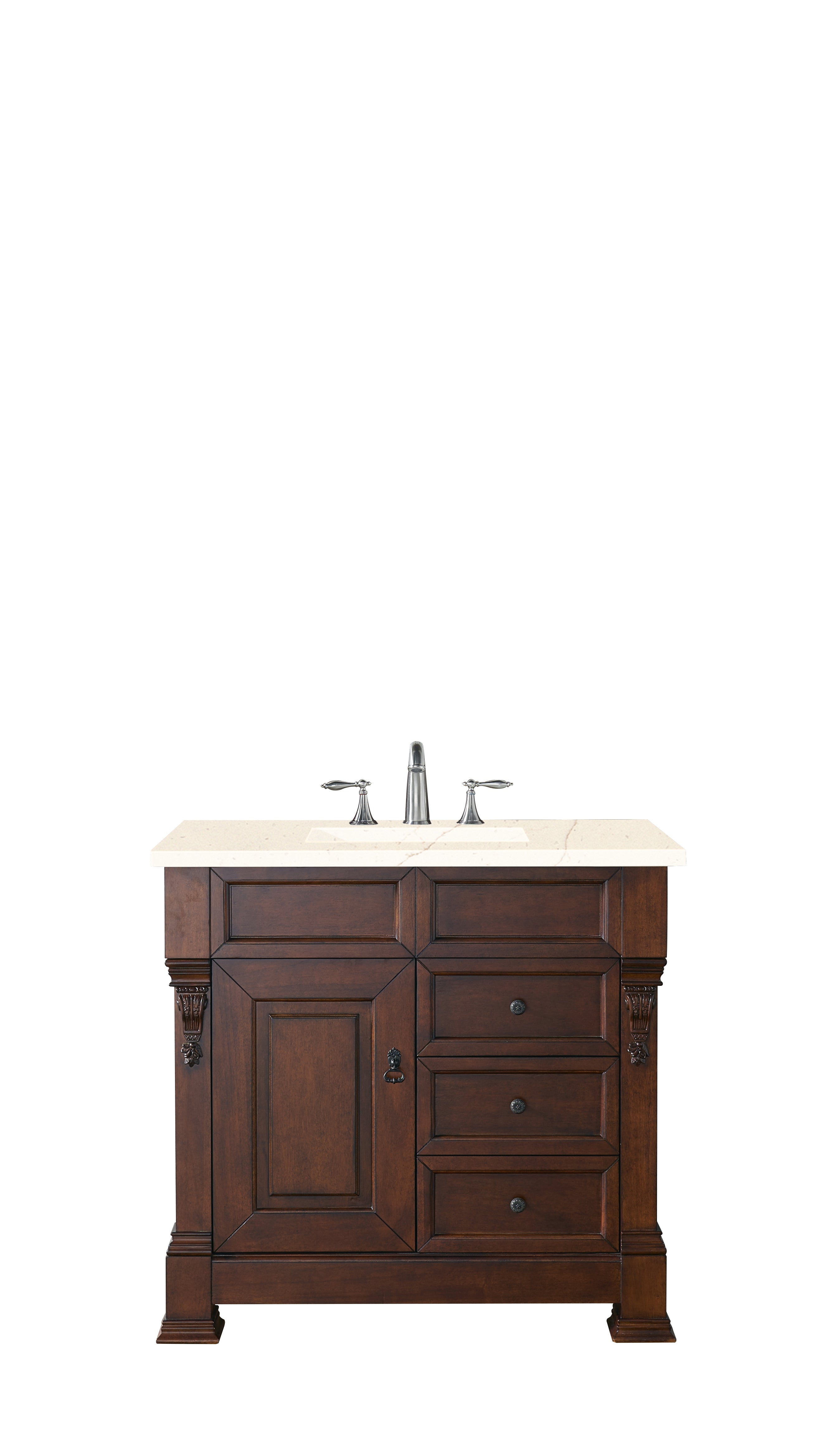 Brookfield 36 Inch Single Bathroom Vanity with Warm Cherry Finish & 3CM Eternal Marfil Quartz Countertop - Perfect for Modern Master Bath or Powder Room Renovation