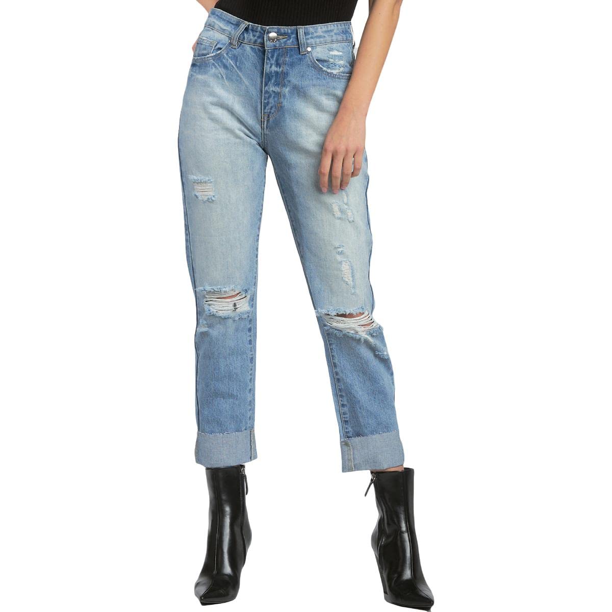 Elan Women's Distressed Boyfriend Jeans - High Waisted Ripped Denim Pants for Casual Wear & Street Style Outfits