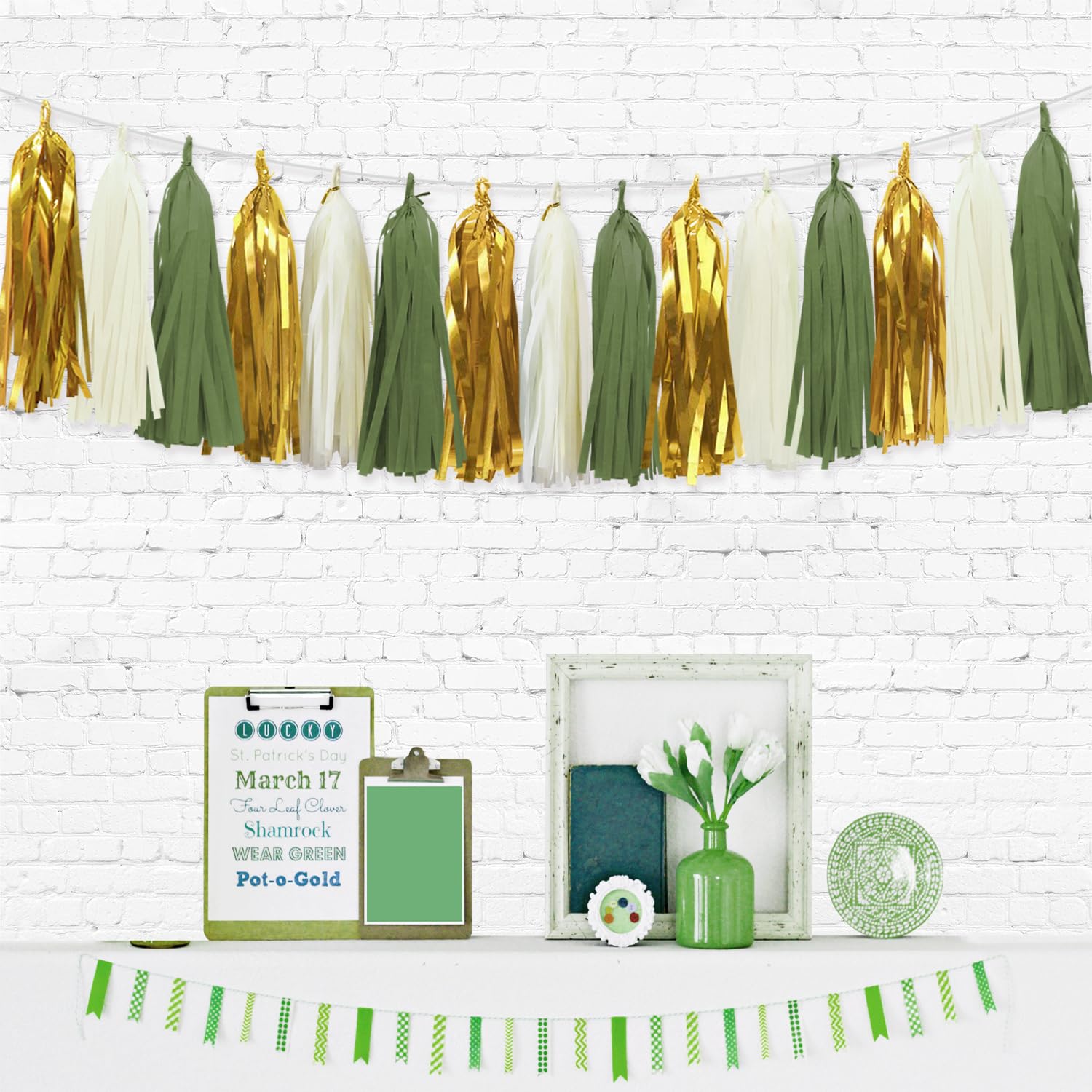 Gold Happy Birthday Banner & Paper Tassel Garland Set - Sage Green Birthday Party Decorations for Indoor/Outdoor Celebrations, Baby Showers & Anniversary Events