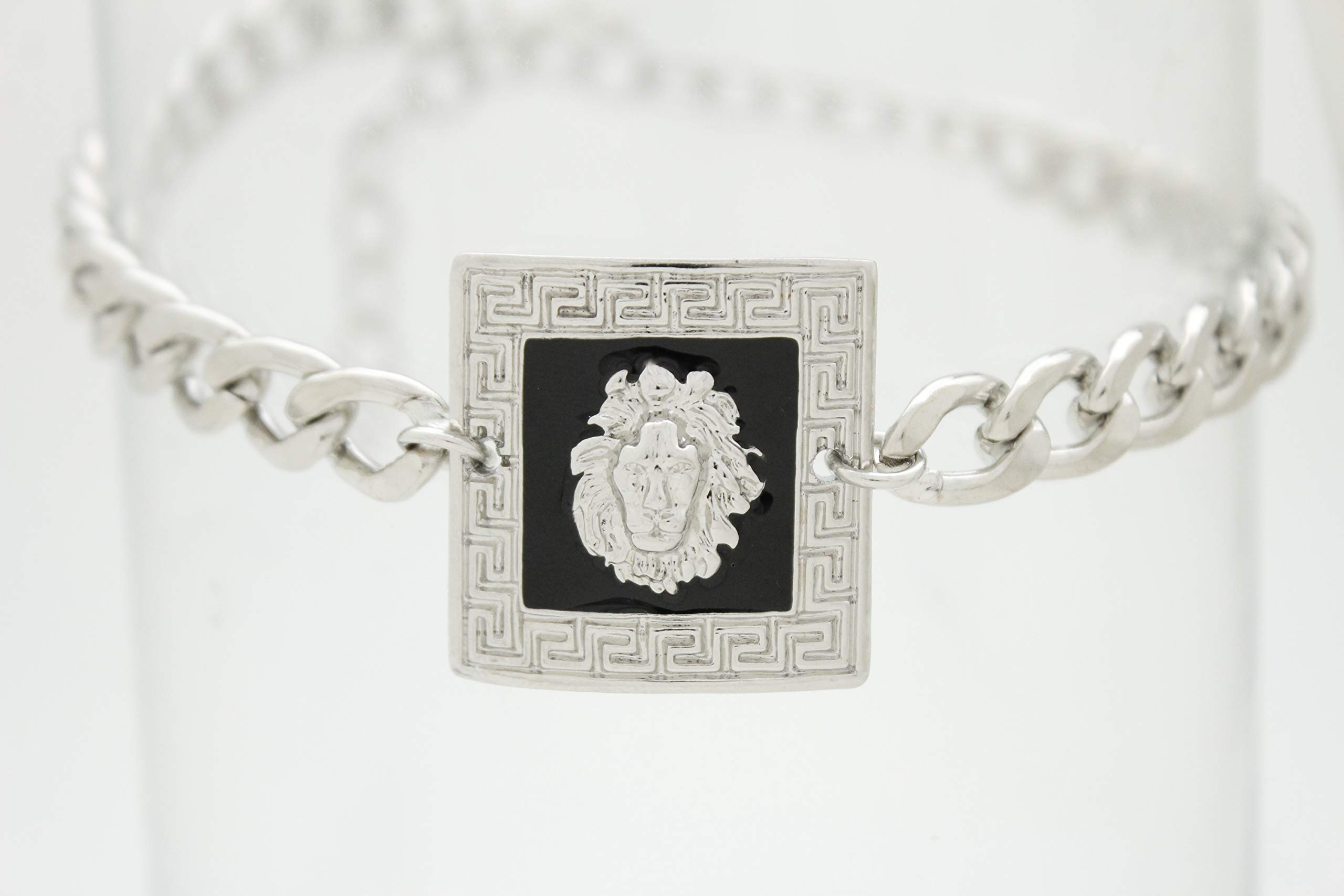 TFJ Women's Silver Boot Bracelet Chain - Bling Metal Western Fashion Anklet with Black Square Lion Charm for Cowgirl Boots & Festival Outfits