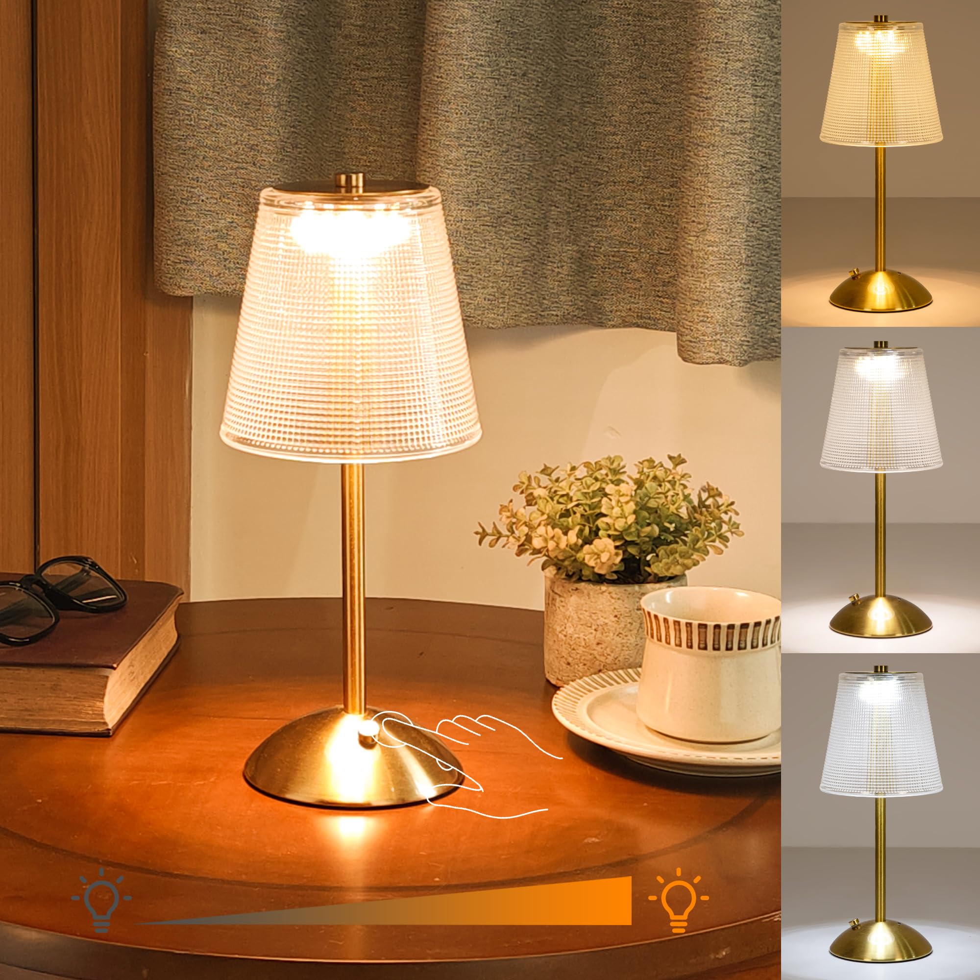 Amingulry Cordless Rechargeable Table Lamp - 3 Color Modes, Stepless Dimmable LED Touch Light, Portable Retro Gold Metal Desk Lamp for Home, Bedroom, Office, Restaurant & Outdoor Use - Perfect for Reading, Working, and Ambient Lighting