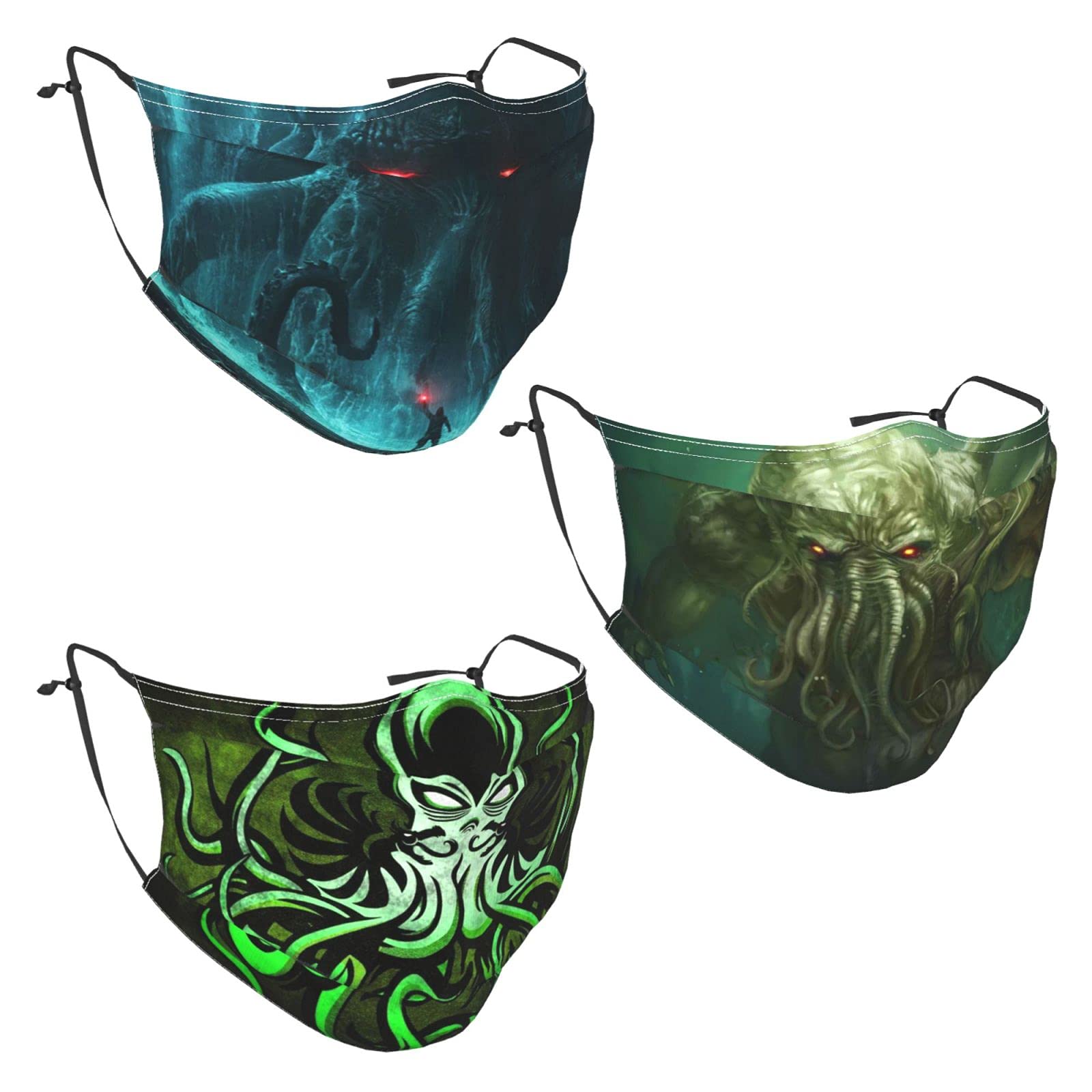 Cthulhu Mythos 3-Pack Reusable Adjustable Cold Weather Face Masks with Filters - Breathable Mouth Cover for Outdoor Activities, Winter Sports, and Daily Protection