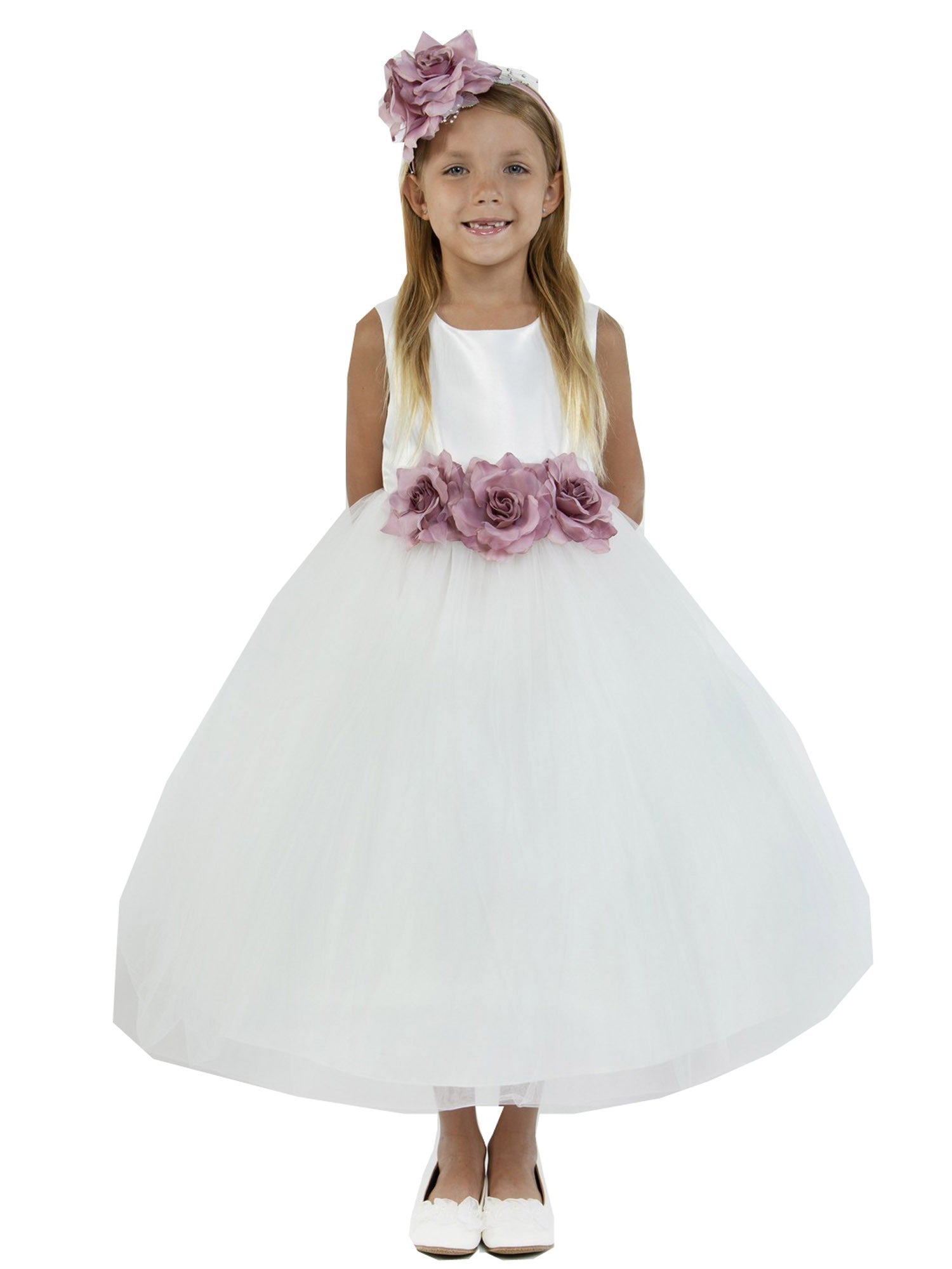 Elegant White Dusty Rose Floral Satin Junior Bridesmaid Dress for Big Girls - Size 8-14 | Perfect for Weddings, Proms & Special Occasions