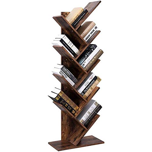 9-Shelf Bookcase Rack - Free Standing Wooden Tree Bookshelf Organizer for Books, Movies, Video Games & CDs - Rustic Brown Home Office & Living Room Storage Solution