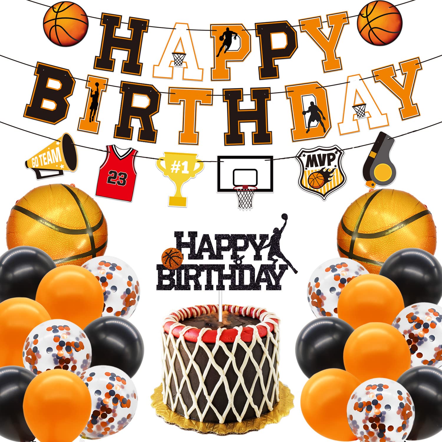 Basketball Birthday Party Decorations for Boys - Sports Theme Happy Birthday Banner, Cake Topper, Balloons & Party Pack | Perfect for Game Day Birthday Parties, Baby Showers & Photo Props | Ideal for Sports-Themed Celebrations & Kids' Birthday Decor