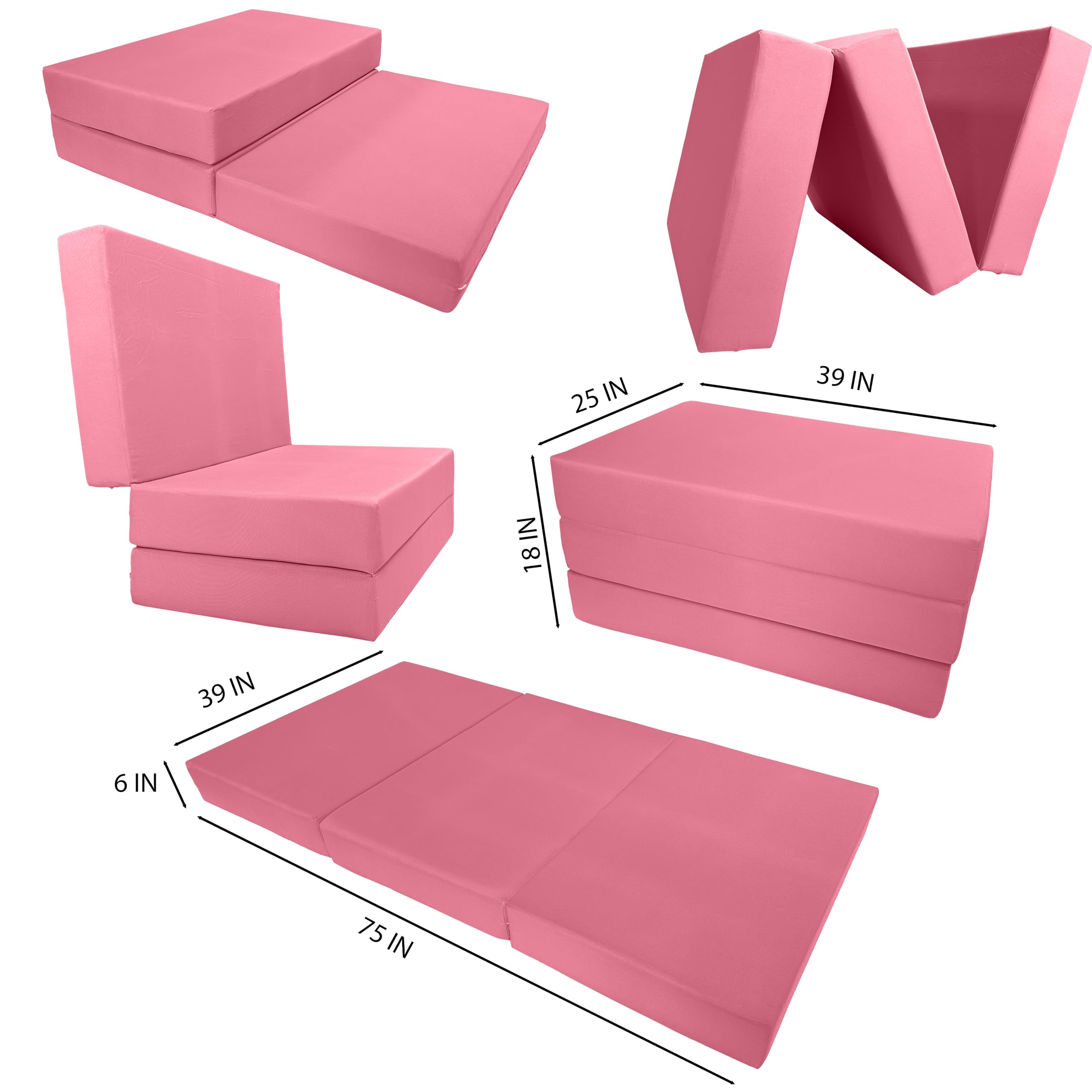 D&D Pink Shikibuton Trifold Futon Bed - Convertible Ottoman & Folding Mattress 75
