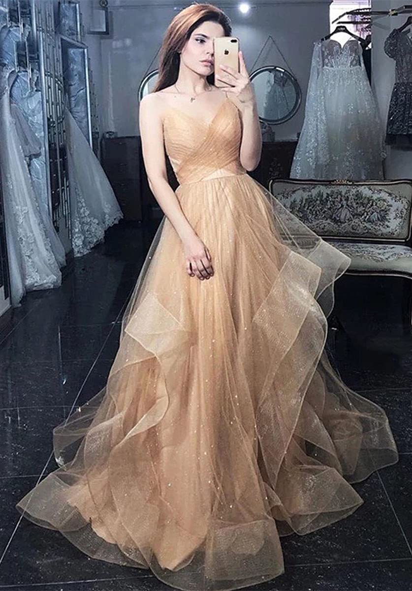 Elegant Navy Blue Prom Dresses for Women - Long Tulle Ball Gown with V-Neck & Spaghetti Straps | Perfect for Homecoming, Formal Dances & Special Occasions