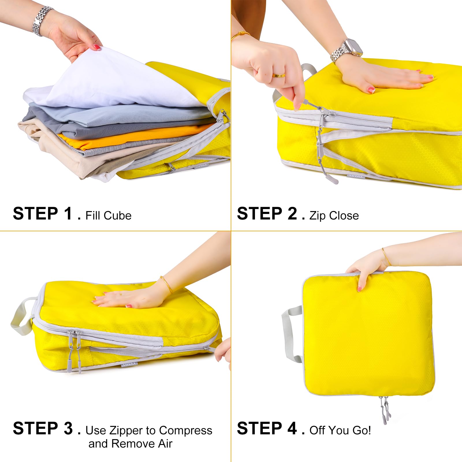 COVAX 4-Piece Compression Packing Cubes Set - Travel Luggage Organizers & Storage Bags for Suitcases (Yellow) | Perfect for Business Trips, Vacations & Closet Organization