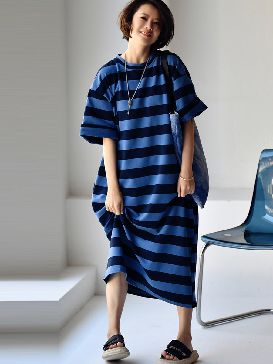 Plus Size Women's Casual Striped Loose Maxi Dress - Comfortable Summer Beach Dress for Vacation & Outdoor Activities