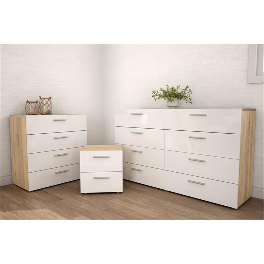 Modern 4-Piece Oak & White Gloss Bedroom Set with Nightstands, Dresser & Chest | Space-Saving Storage Solution for Small Bedrooms & Apartments