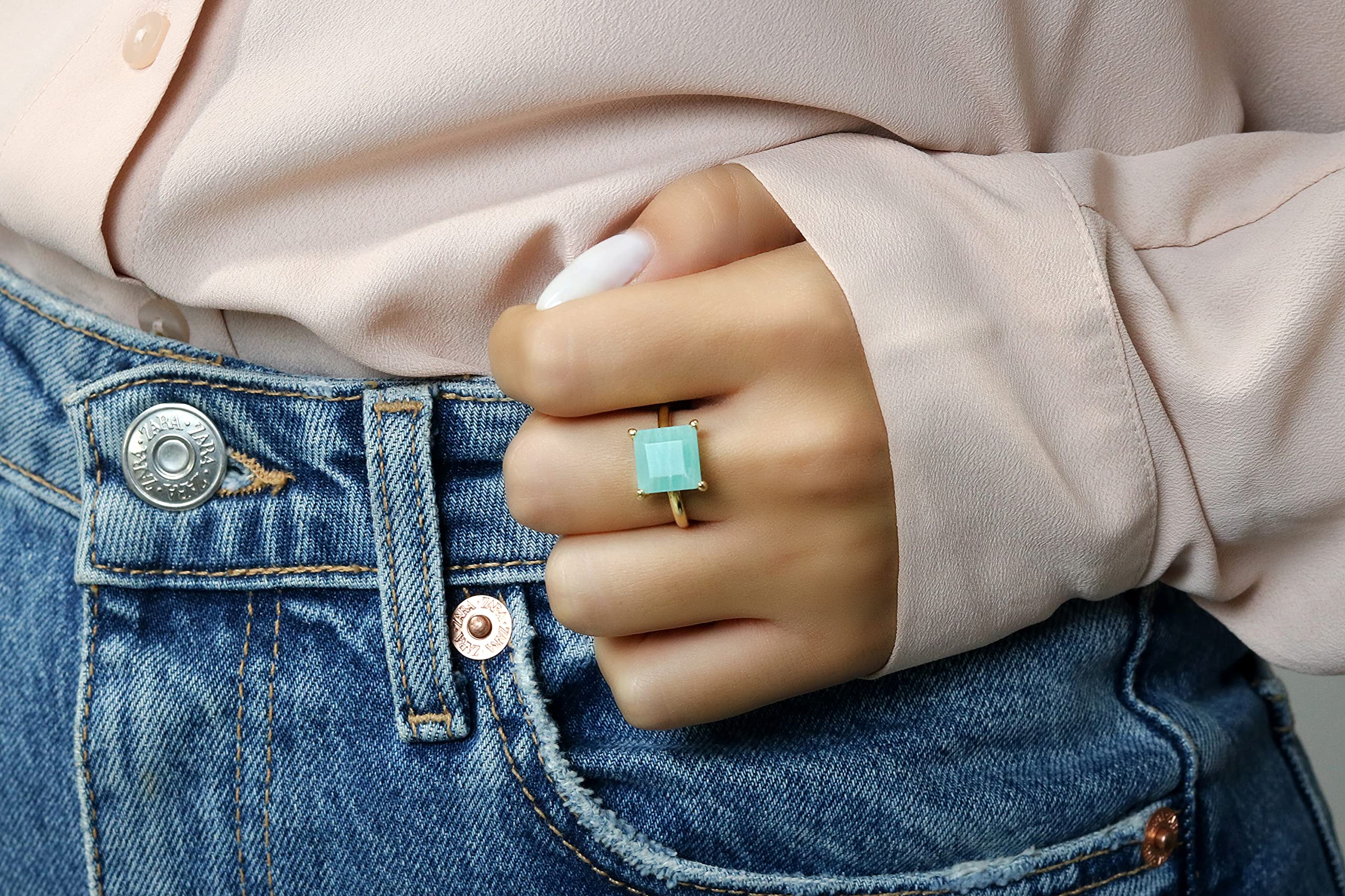 Amazonite Gemstone Ring - Customizable Square Anemone Ring for Women - Handmade Dainty Jewelry, Fashion & Engagement Ring - All Sizes Available - Perfect for Everyday Wear, Special Occasions & Gifts