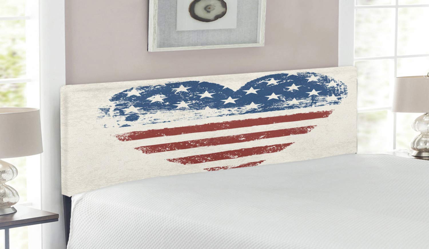 Ambesonne Americana Queen Size Headboard - Patriotic USA Flag Heart Design with Stars and Stripes, Upholstered Metal Bed Frame with Memory Foam in Blue, Vermilion & Cream | Perfect for Bedroom Decor, Guest Rooms & Patriotic Home Styling