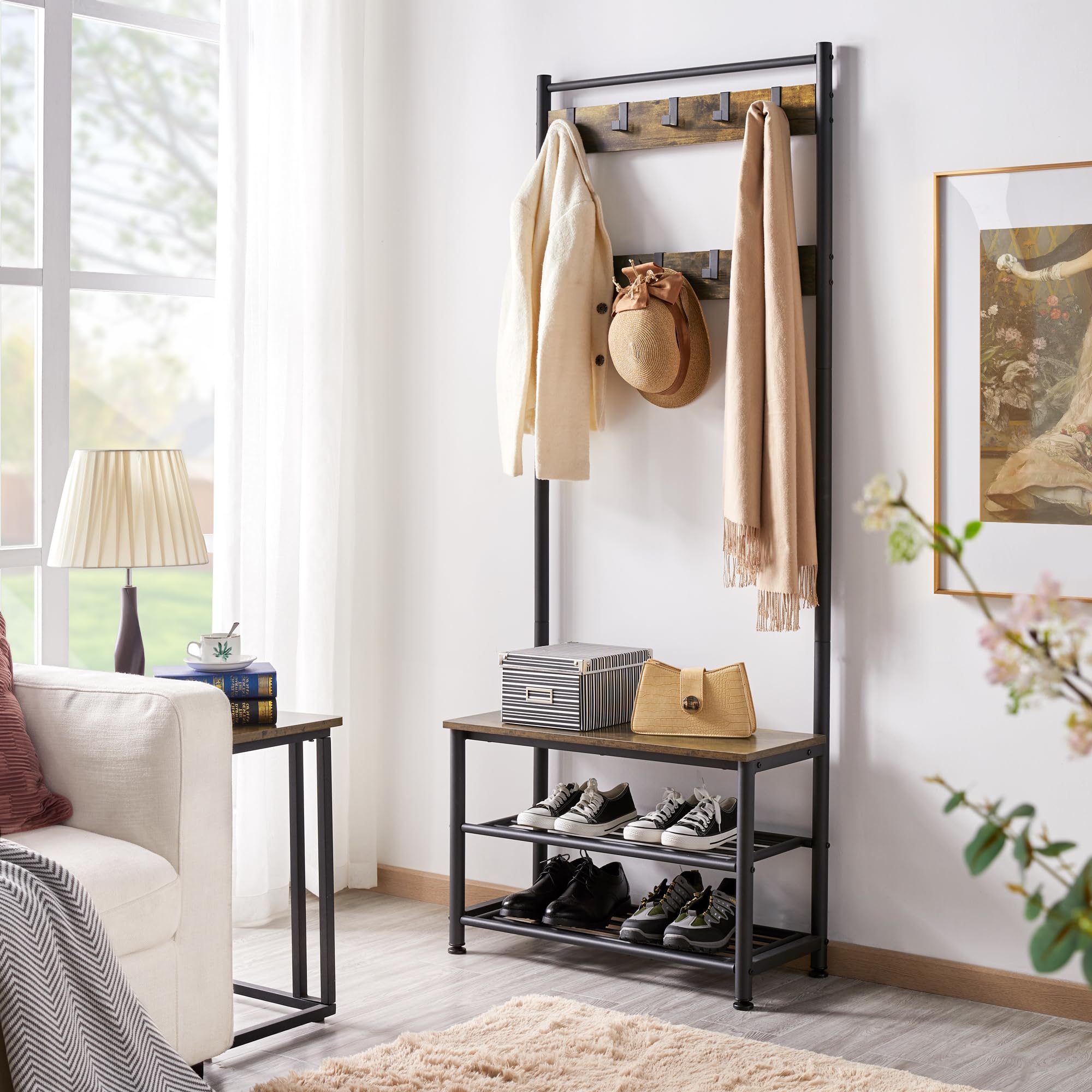 Yaheetech 3-in-1 Hall Tree Coat Rack Shoe Bench with 9 Hooks & Storage Shelf - Industrial Entryway Organizer for Shoes, Coats & Bags - Easy Assembly Rustic Brown - Perfect for Mudroom, Foyer & Small Space Entryway Storage