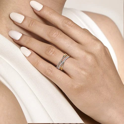 14K White & Yellow Gold Diamond Criss Cross Women's Ring - Elegant Stackable Jewelry for Weddings, Anniversaries & Special Occasions