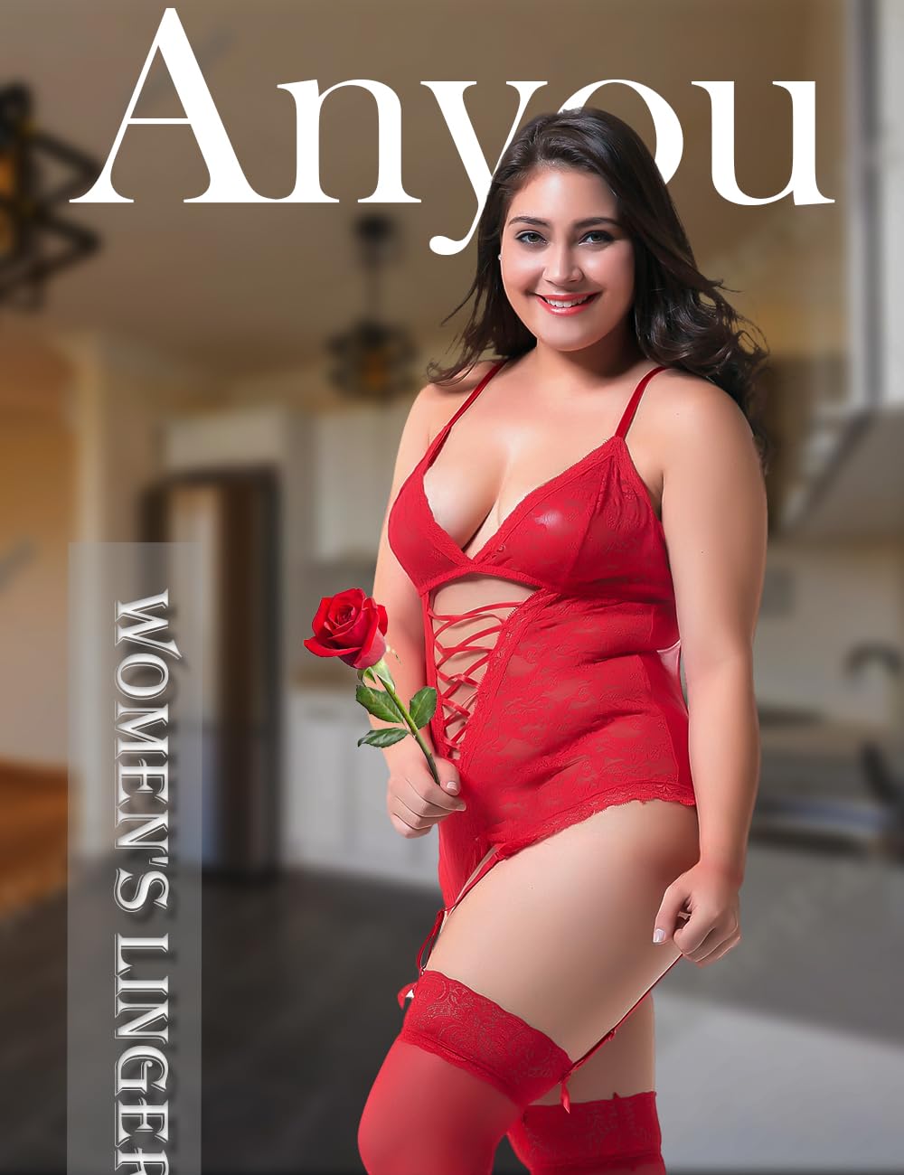 Anyou Women's Lingerie Set - Stretchy Lace Teddy with Stockings, Plus Size S-XXXXL | Sexy Lingerie for Valentine's Day, Bridal Shower & Romantic Nights
