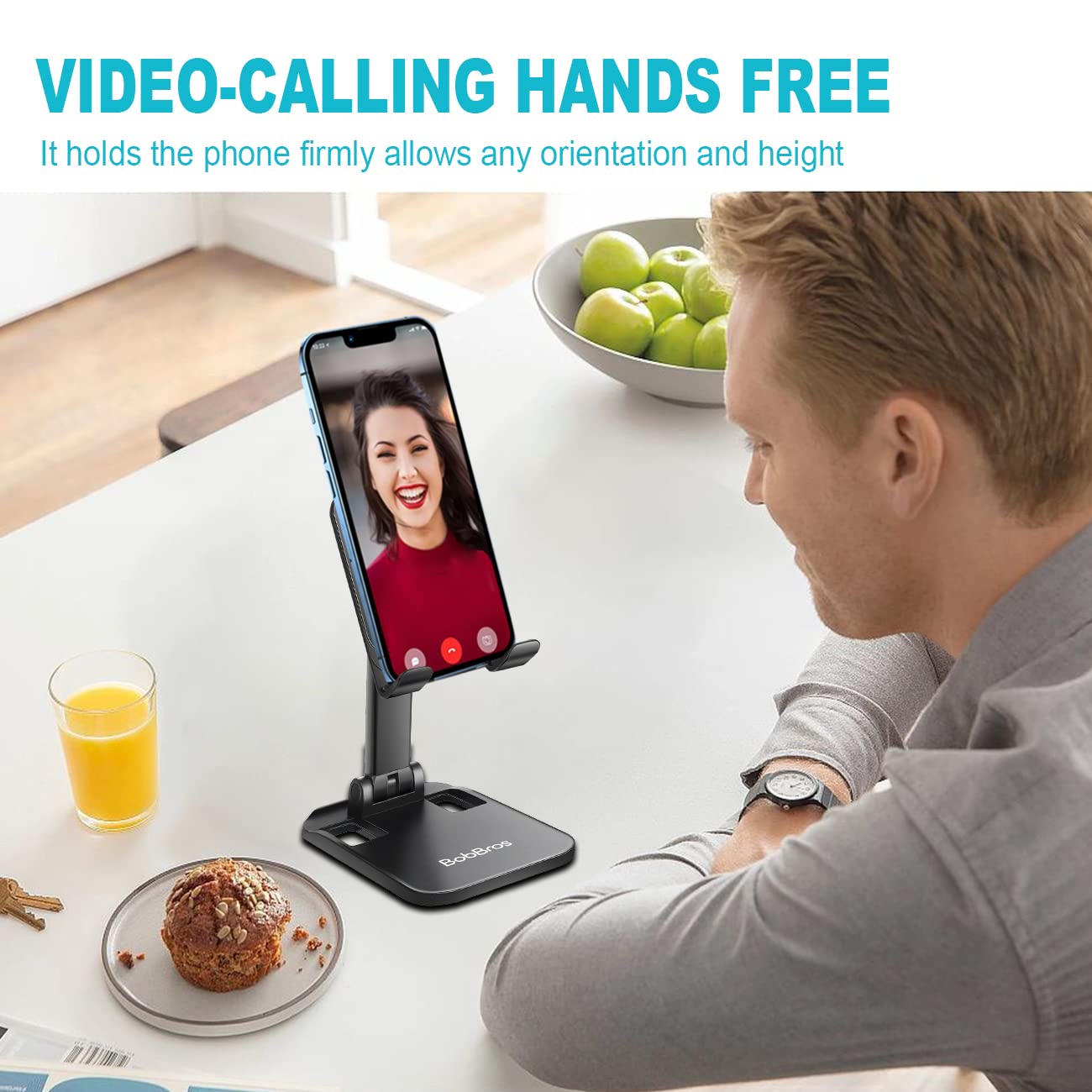 BobBros Adjustable Phone Stand - Foldable & Sturdy Desktop Holder for iPhone, iPad, Tablet - Perfect for Video Calls, Streaming & Hands-Free Viewing at Home/Office