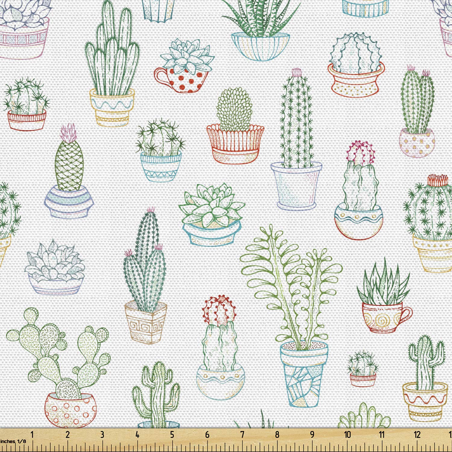 Ambesonne Agate Fabric by The Yard - Cactus & Tropical Plant Sketch Print, Minimalist Green & White Upholstery Material (10 Yards) for Sofa Covers, Pillows & Home Decor | Perfect for Boho, Desert & Modern Interior Design
