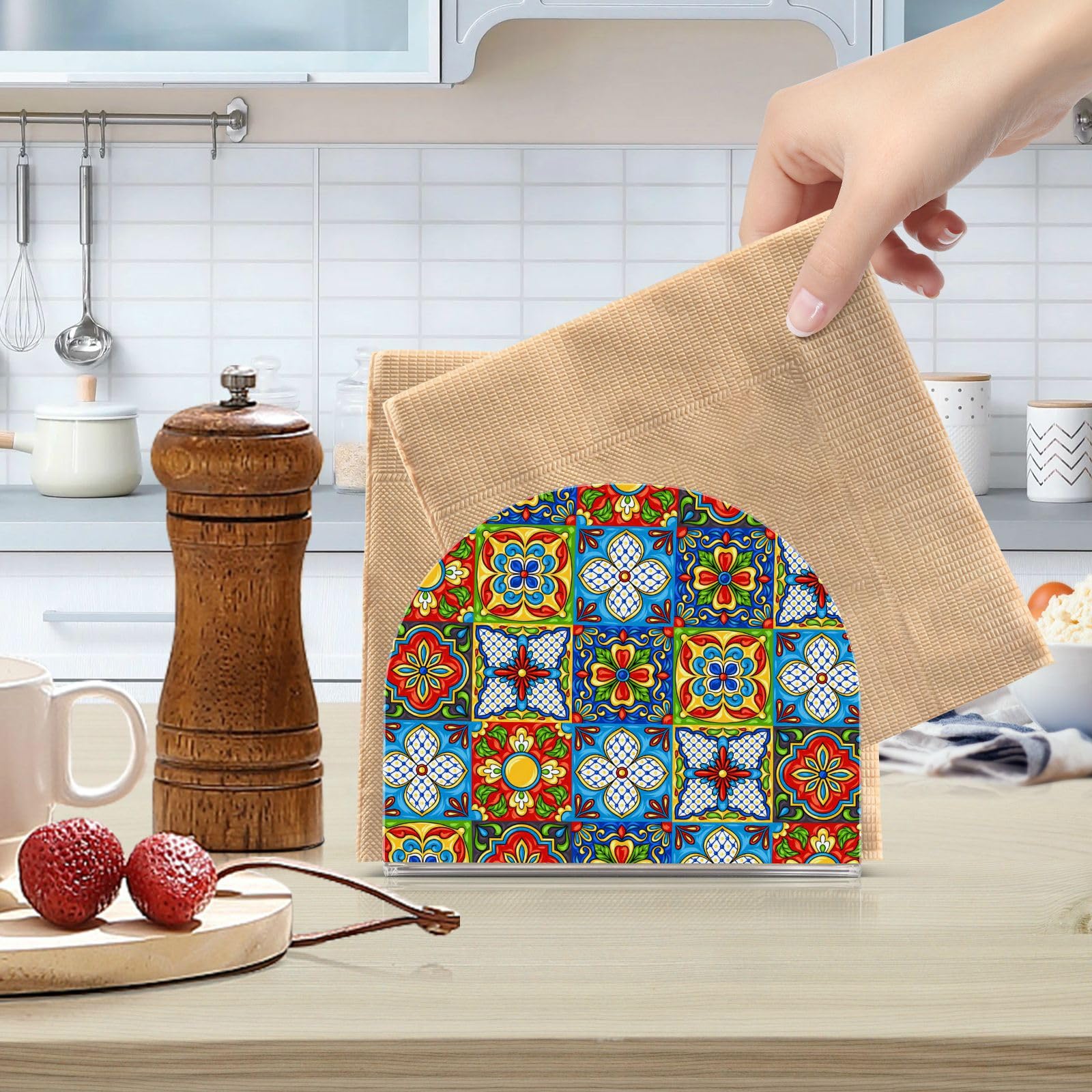 Modern Mexican Talavera Tiles Acrylic Napkin Holder - Stylish Paper Napkins Dispenser for Kitchen, Dining Table & Countertops - Perfect for Home Decor, Parties, and Everyday Use