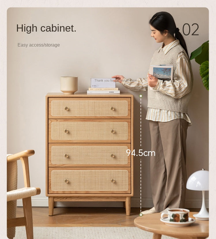 Solid Oak & Black Walnut Wood Cabinet with Rattan Doors - Modern Storage Organizer for Living Room, Bedroom, or Entryway