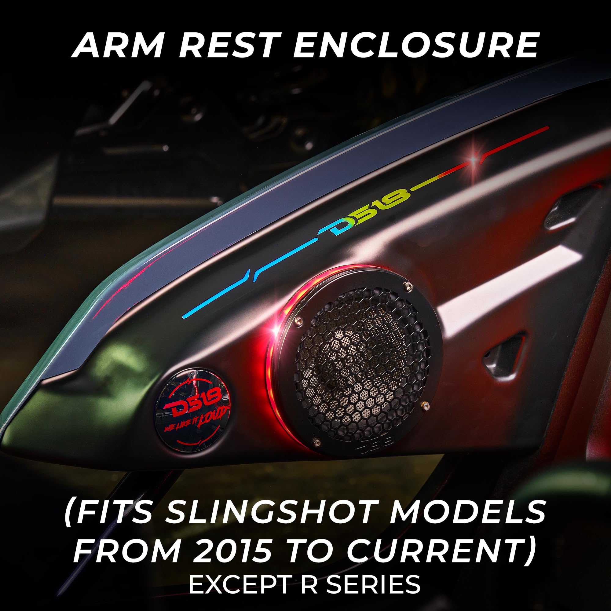 DS18 SLG-AR6V2 Polaris Slingshot Arm Rest Enclosure with Digital LED Lights (2015+ Models) - Fits 2X 6.5