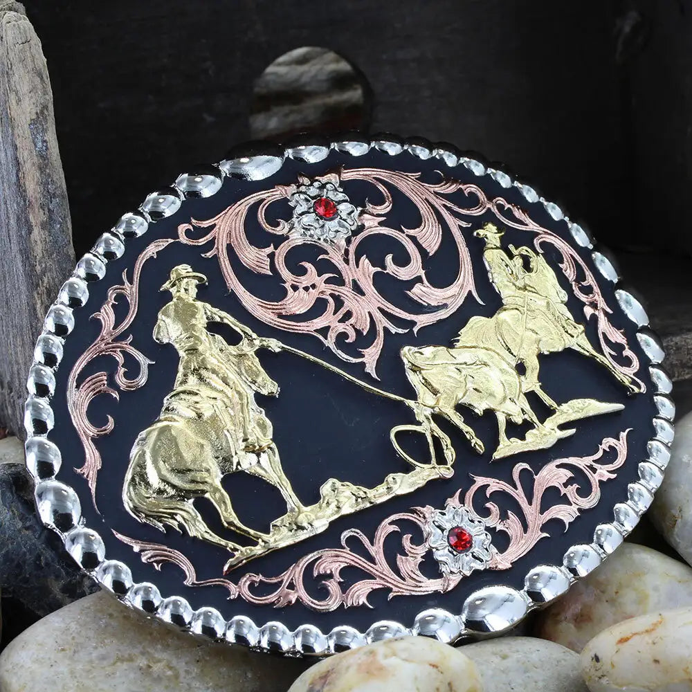 Tri Color Team Roper Attitude Belt Buckle - Western Cowboy Rodeo Style for Men & Women - Perfect for Rodeo Events, Country Concerts & Western Fashion