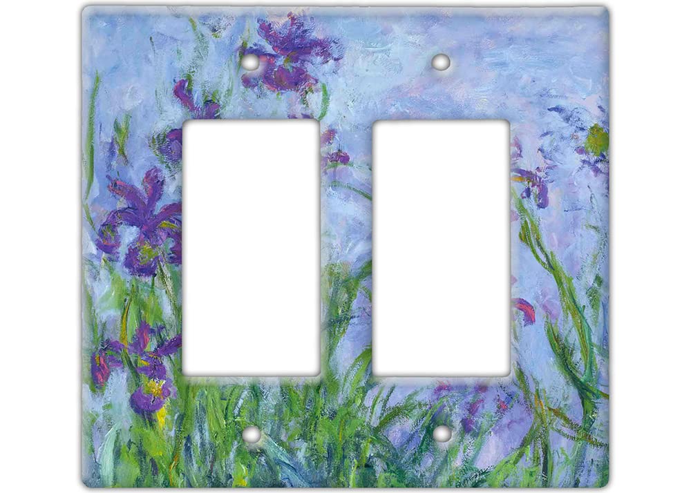 Claude Monet Iris Wall Switch Plate Cover - Double Rocker Decorative Switch with Botanical Painting in Green & Blue - Perfect for Living Room, Bedroom & Home Decor