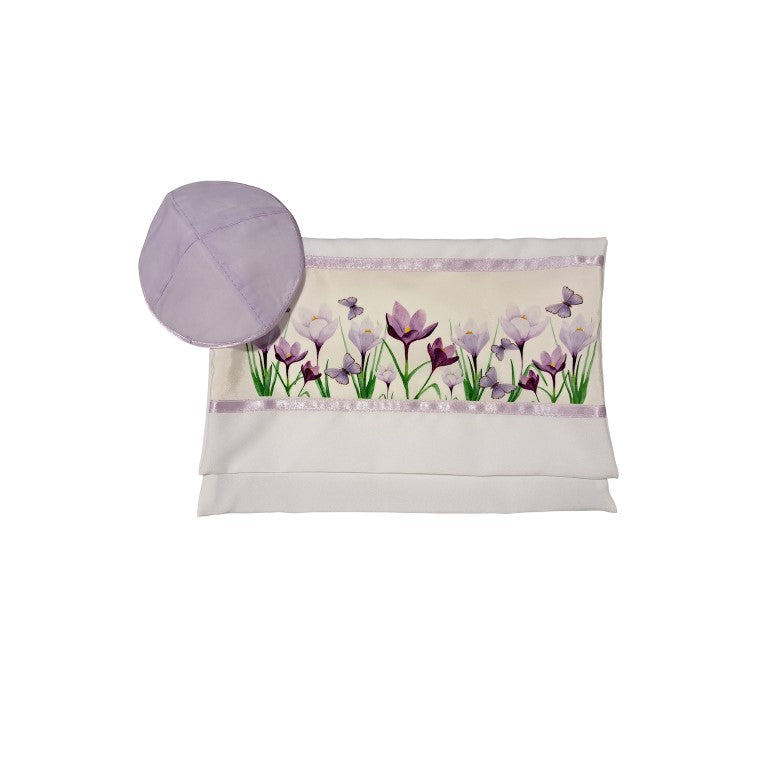 Lilac Crocuses Field Tallit Prayer Shawl for Women & Girls - Elegant Tzitzit Shawl for Bat Mitzvah, Synagogue & Jewish Ceremonies