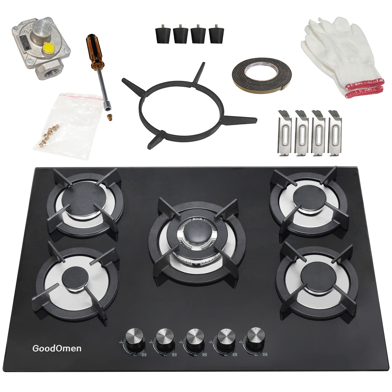 30 Inch 5-Burner Built-In Gas Cooktop with Tempered Glass & Cast Iron Grates - LPG/NG Convertible, Easy Clean Stovetop for Modern Kitchens & Professional Cooking