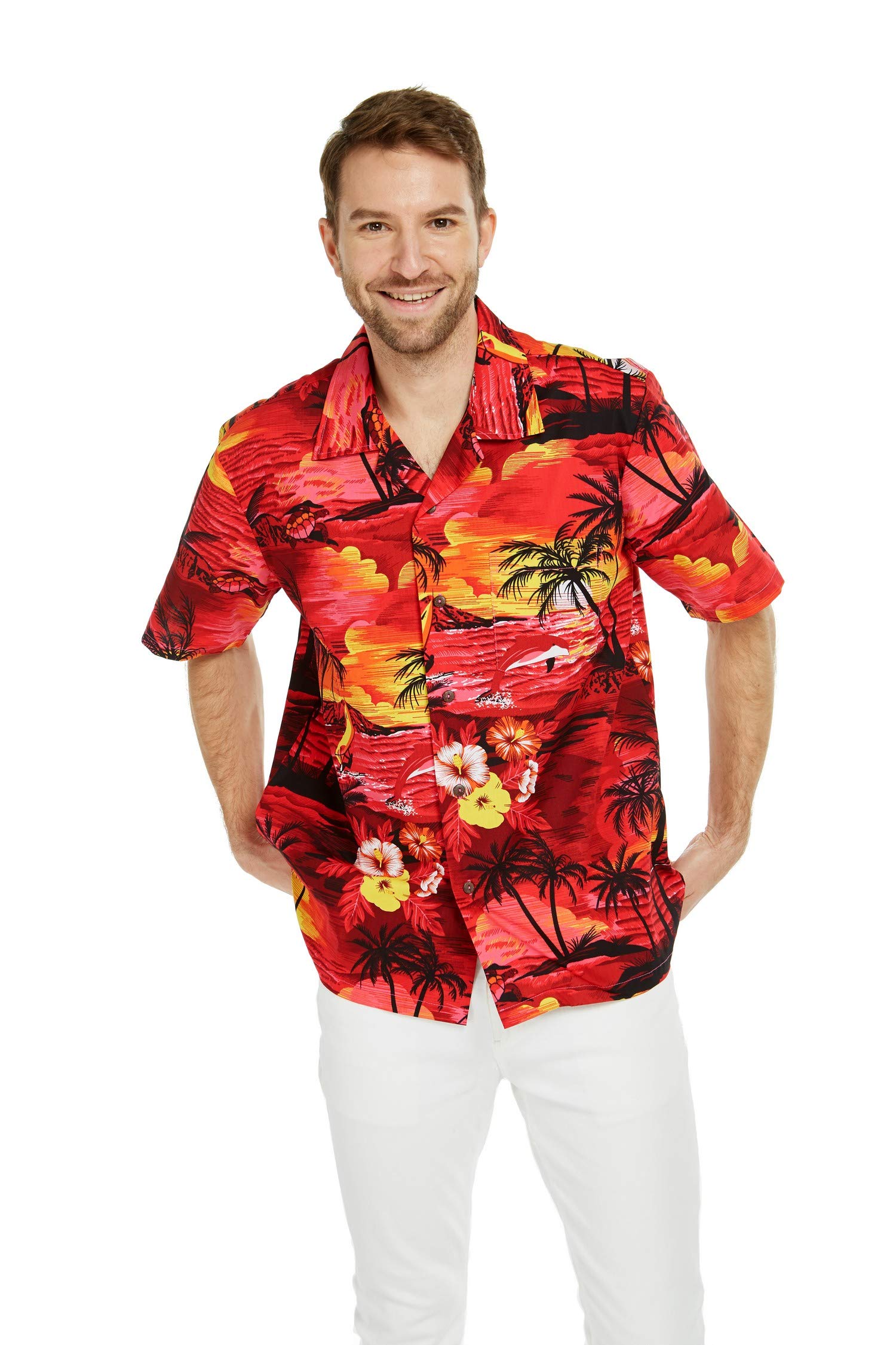 Vintage Matching Father Daughter Hawaiian Luau Dance Shirts - Tropical Sunset with Dolphin Print Aloha Shirts for Family Beach Party, Luau Celebration & Summer Vacation Outfits