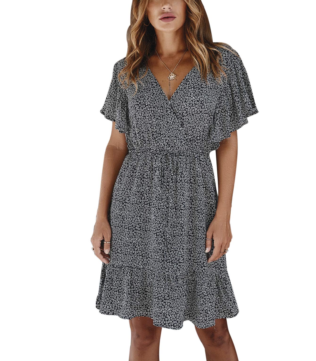 Women's Summer Sweet & Cute Wrap Dress - Ruffle Short Sleeve Floral Printed Flowy Mini Dress for Beach, Party & Casual Outings