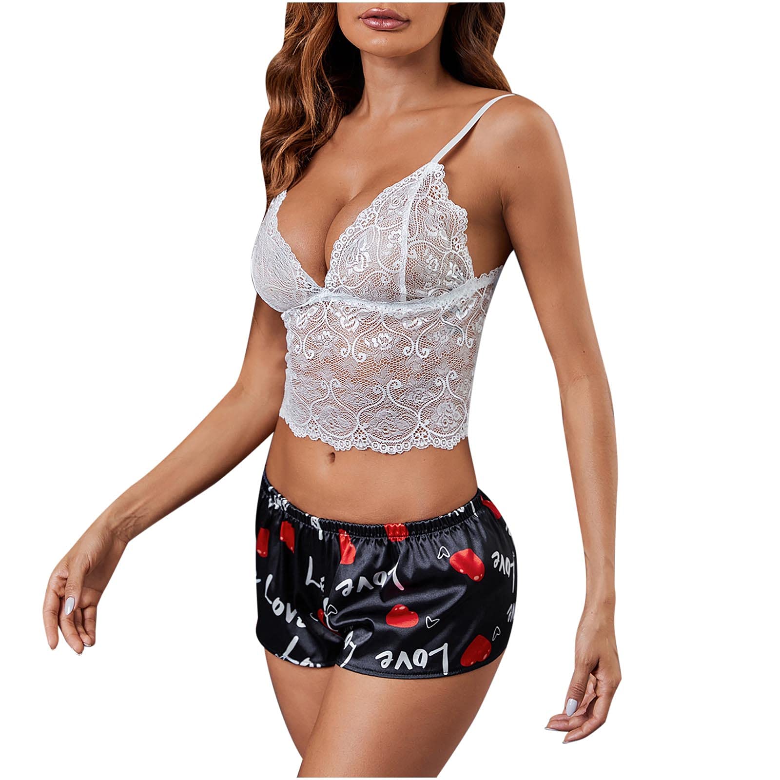 Sexy Women's 2-Piece Lace Lingerie Set with Leather Trim - Comfortable Sleepwear & Lounge Pajamas for Couples | Romantic Nightwear for Valentine's Day, Anniversary Gifts & Intimate Moments