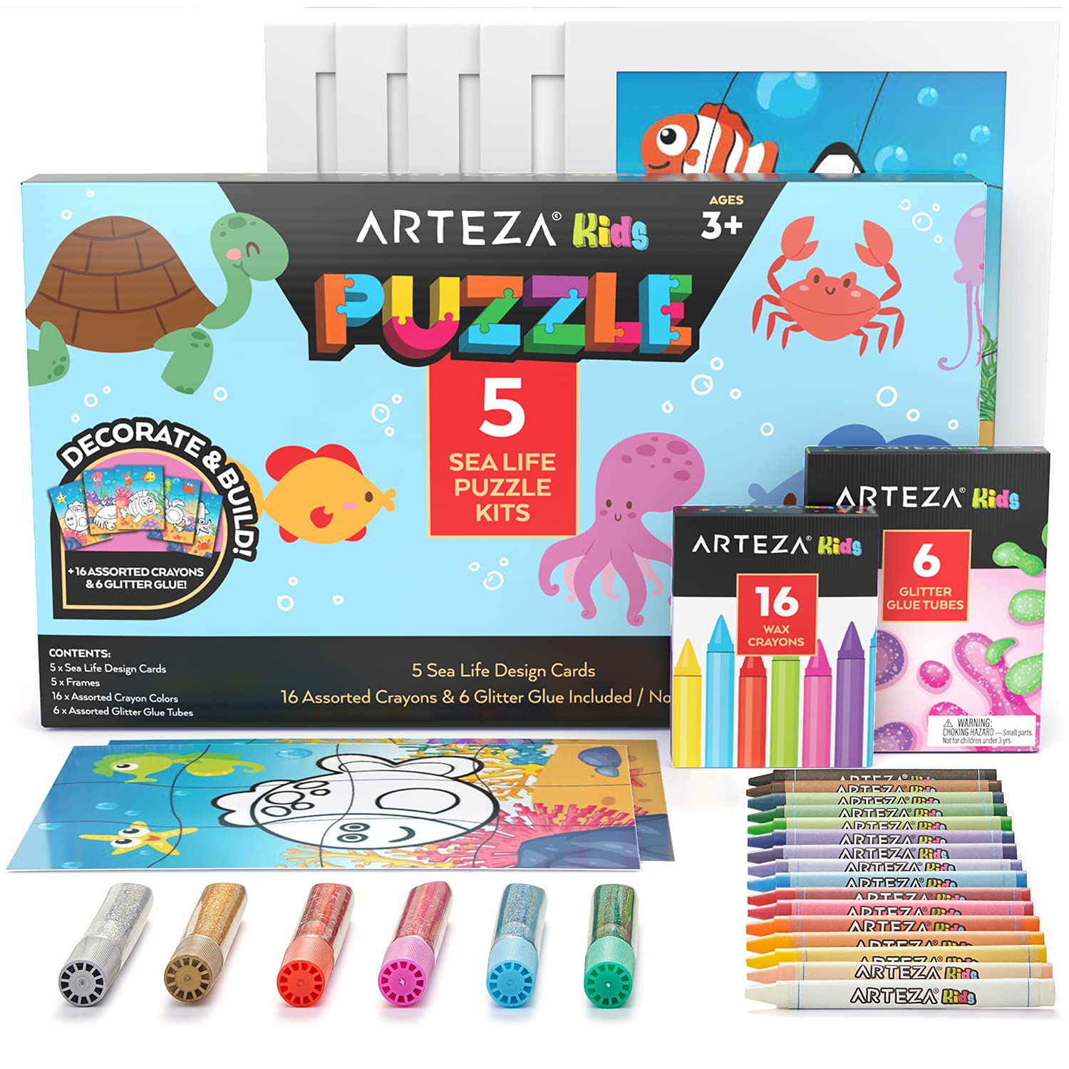Arteza Kids Sea Life Coloring Puzzle Kit - 5 Puzzles, 16 Crayons, 6 Glitter Glue Tubes, 5 Frames - DIY Art & Craft Supplies for Ages 3+ | Screen-Free Activity, Birthday Gift, Classroom Art Project, Creative Playtime