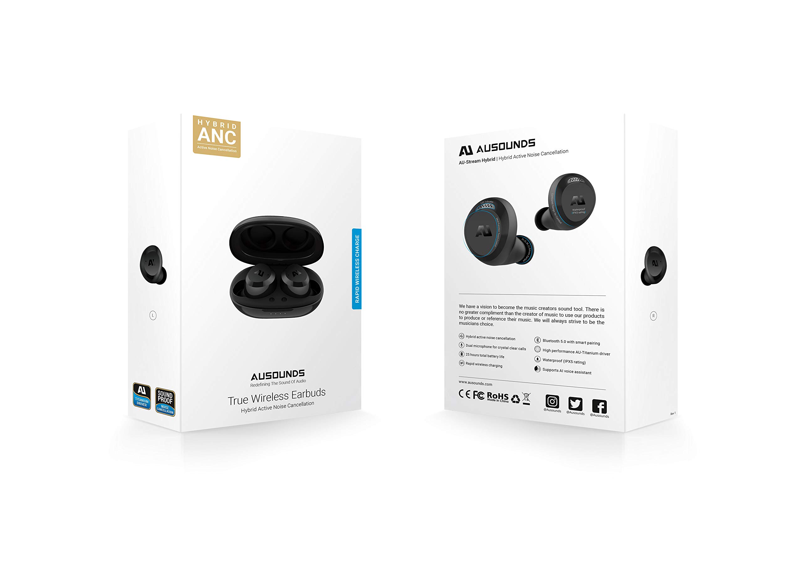 ausounds AU-Stream Hybrid Bluetooth True Wireless Earbuds with Active Noise Cancellation, Touch Controls & Wireless Charging Case - Premium Dynamic Drivers for Crystal Clear Audio (Black) | Perfect for Commuting, Workouts & Travel