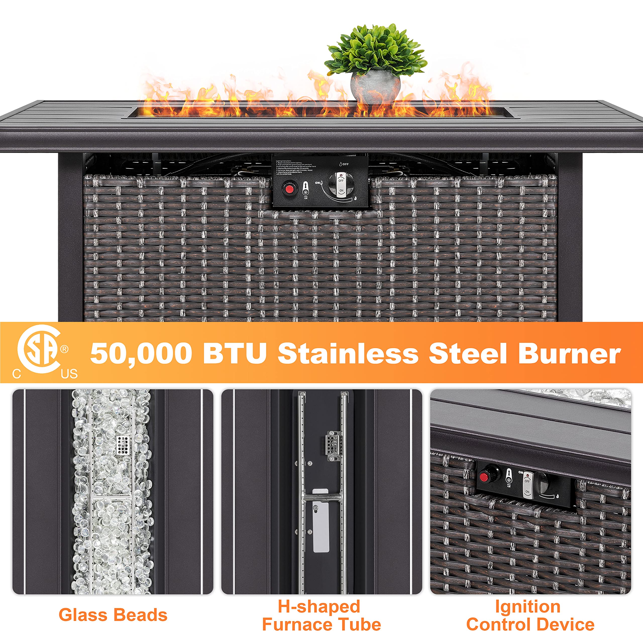 43 Inch Nuu Garden Outdoor Propane Fire Pit Table - 50,000 BTU, Aluminum Top & PE Rattan Steel Frame, Waterproof Cover, Glass Beads, Lid - Dark Brown for Patio, Backyard, Deck, and Outdoor Gatherings