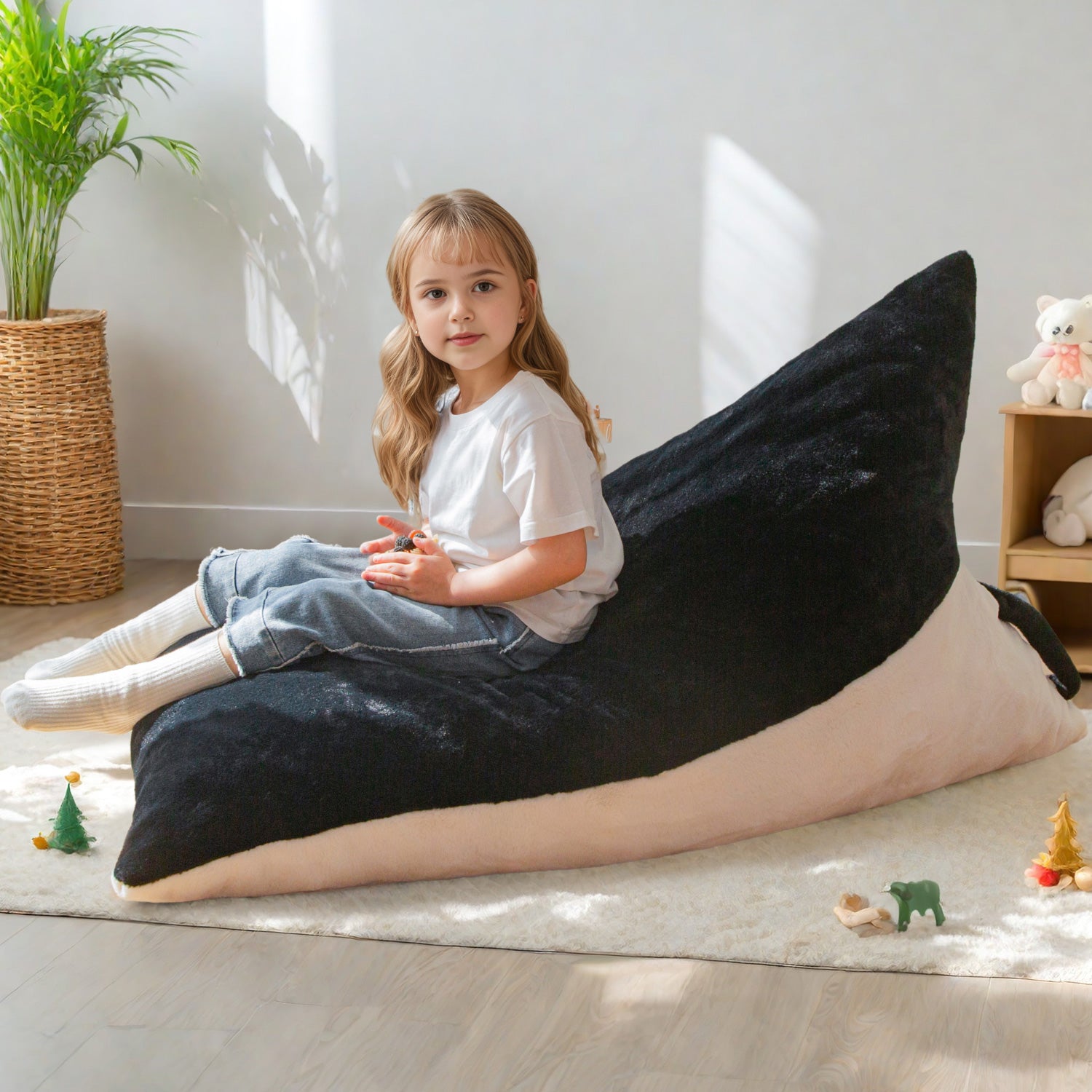 MAXYOYO Kids Bean Bag Chair with 2-Tone Handle - High Density Foam Floor Lounger in Black & White - Perfect for Kids' Room, Playroom & Reading Nook