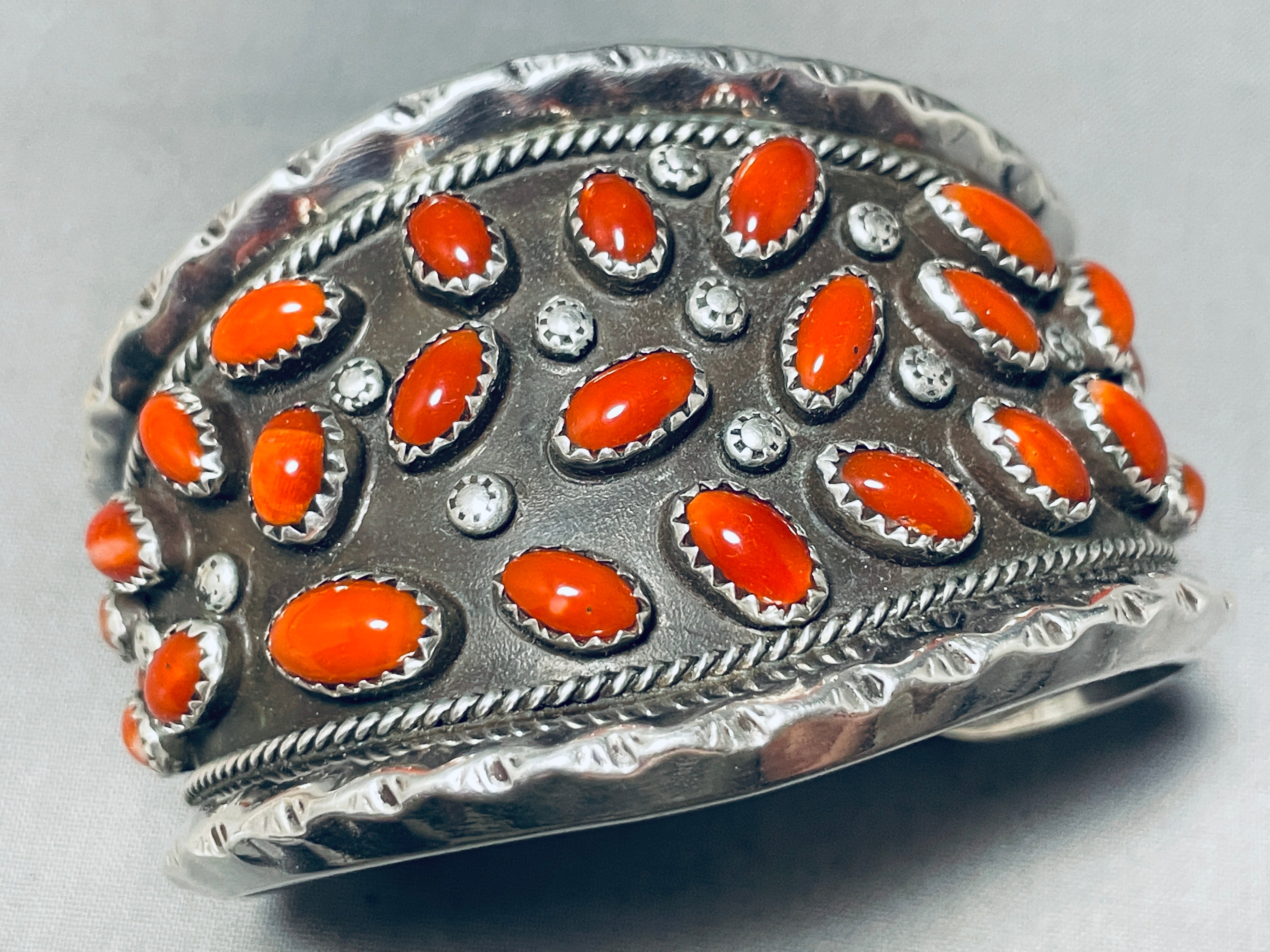 124 Gram Heavy Vintage Native American Navajo Coral Sterling Silver Bracelet - Handmade Old Turquoise Jewelry for Women, Boho Chic Accessories, Gift for Her, Wedding & Special Occasions