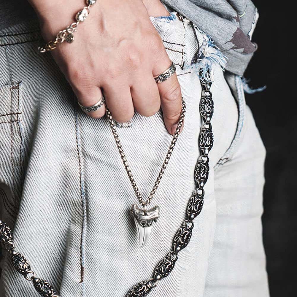 Men's Shark Tooth Pendant Necklace - 925 Sterling Silver Gothic Jewelry with Extended Keel Chain | Cool Retro Style Accessory for Men | Perfect for Halloween, Punk Fashion & Everyday Wear